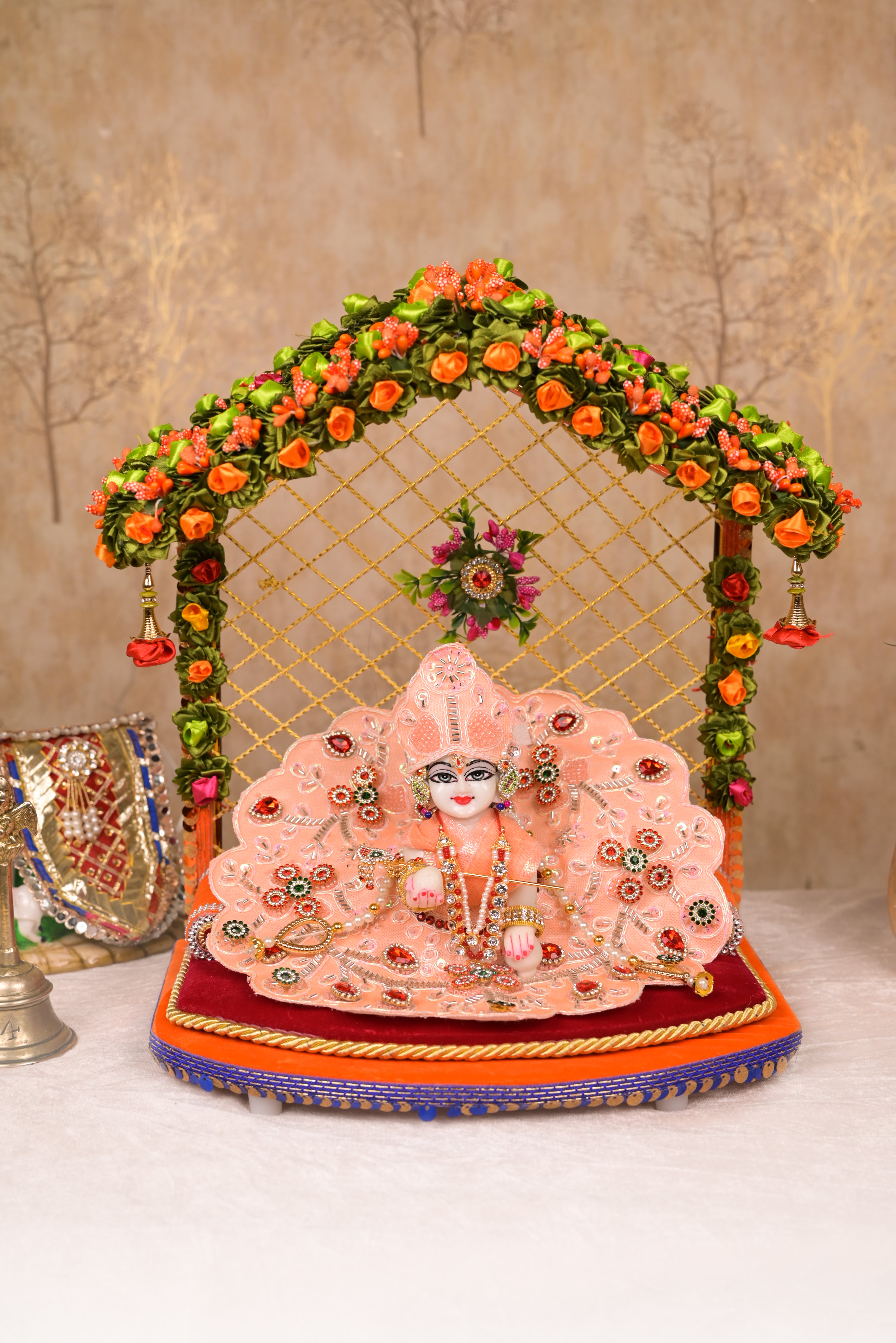 Peach Zari Embroidered Laddu Gopal Poshak