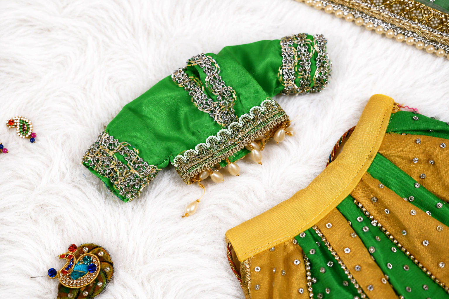 Radha Krishna Poshak | Yellow & Green Net | Festival Special
