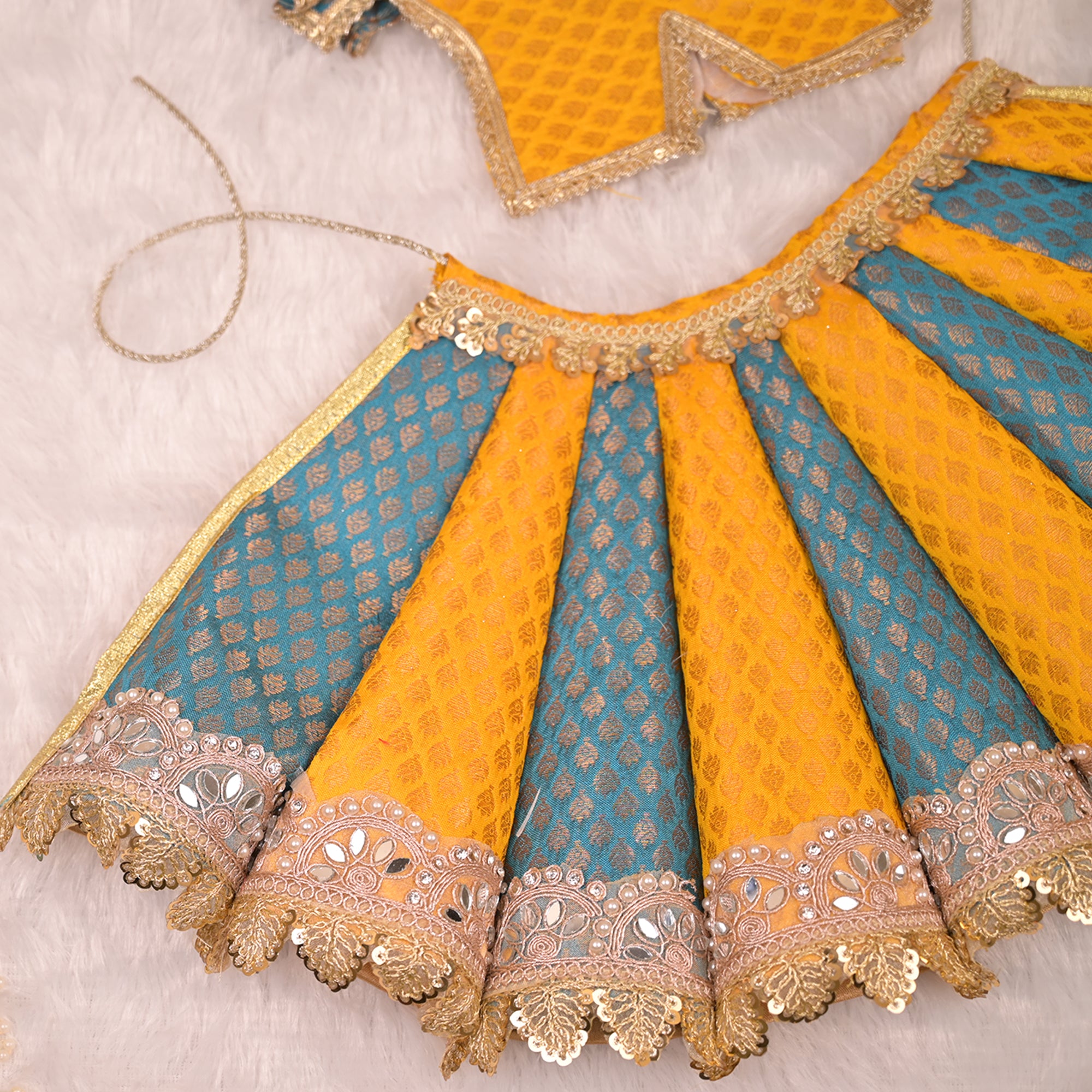 Radha Krishna Yugal Jodi Poshak – Mustard Yellow & Teal Blue Banarasi Silk Lehenga Set