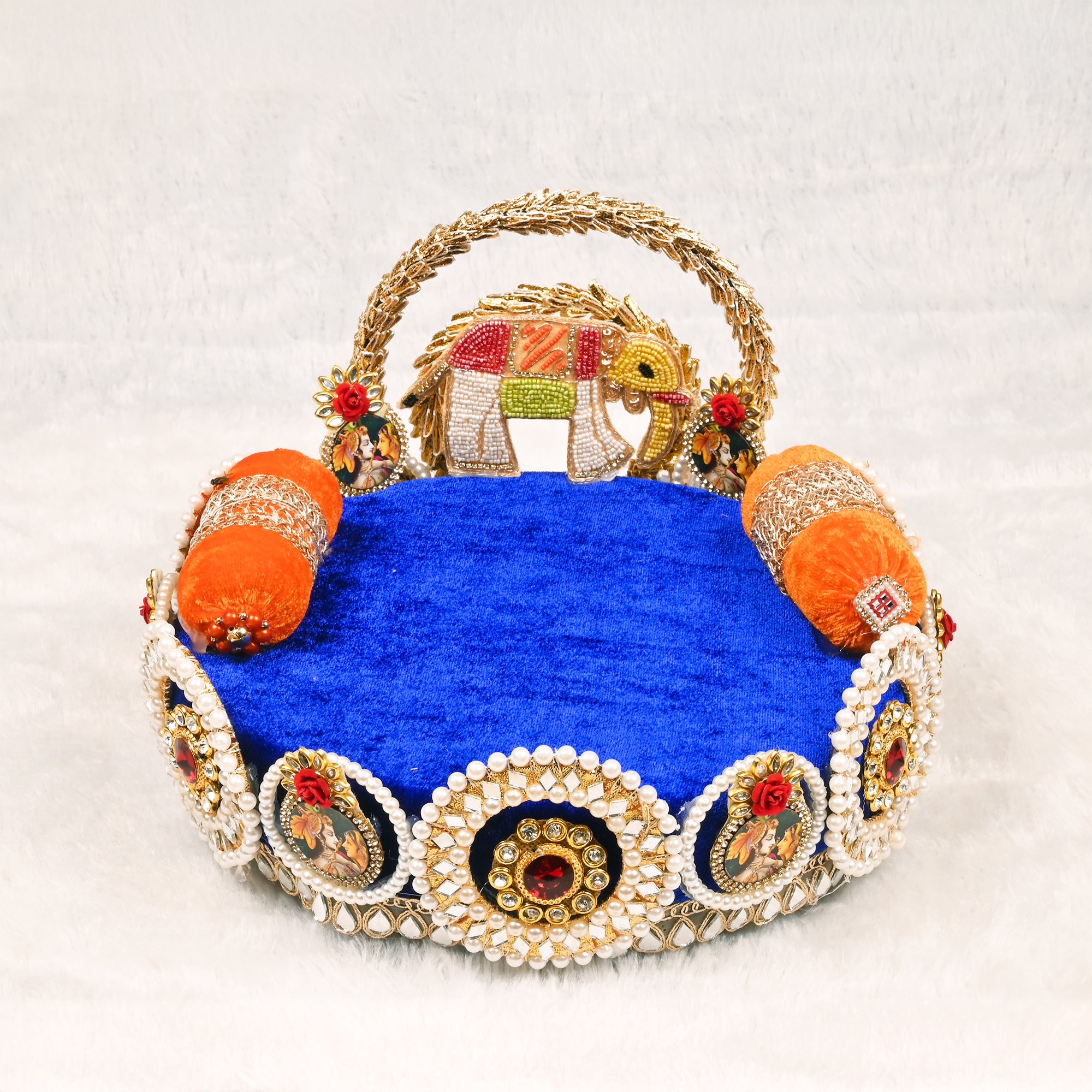 Laddu Gopal Singhasan Blue and Orange Elephant Design with Decorative Arch