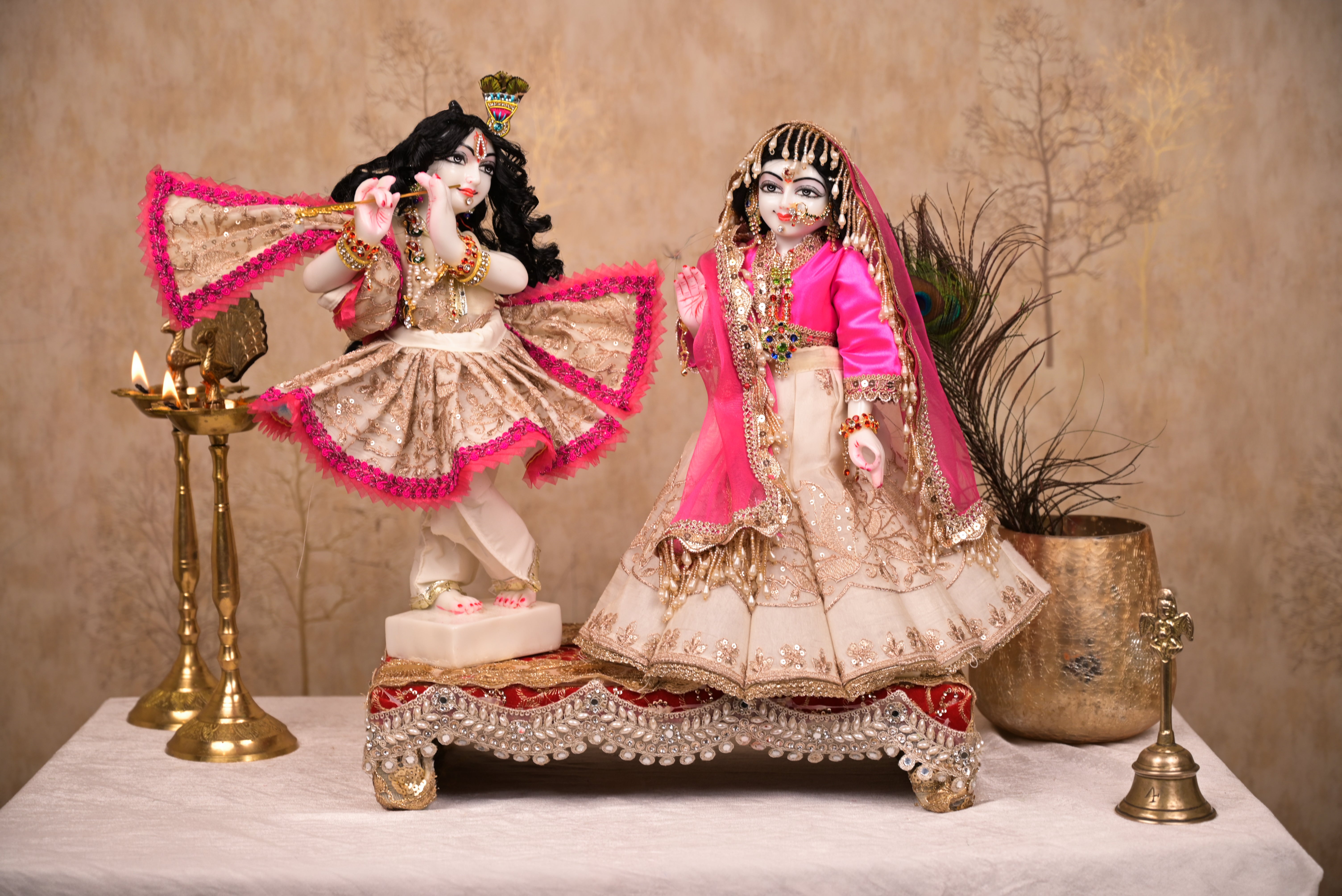Golden White & Pink Silk Organza | Stone & Hand Embroidery Work