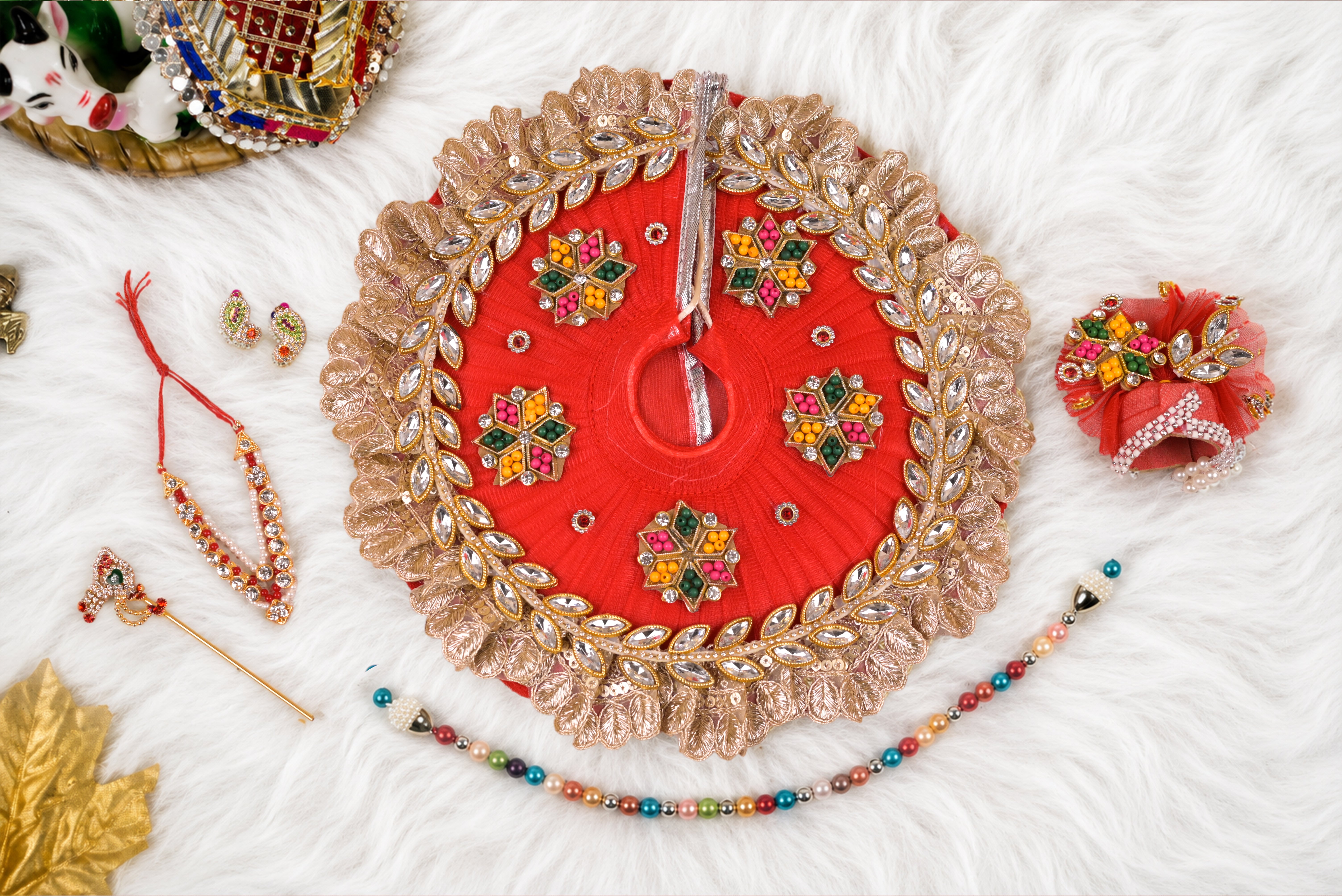 Red Kundan Net Laddu Gopal Poshak with Pearl Patka