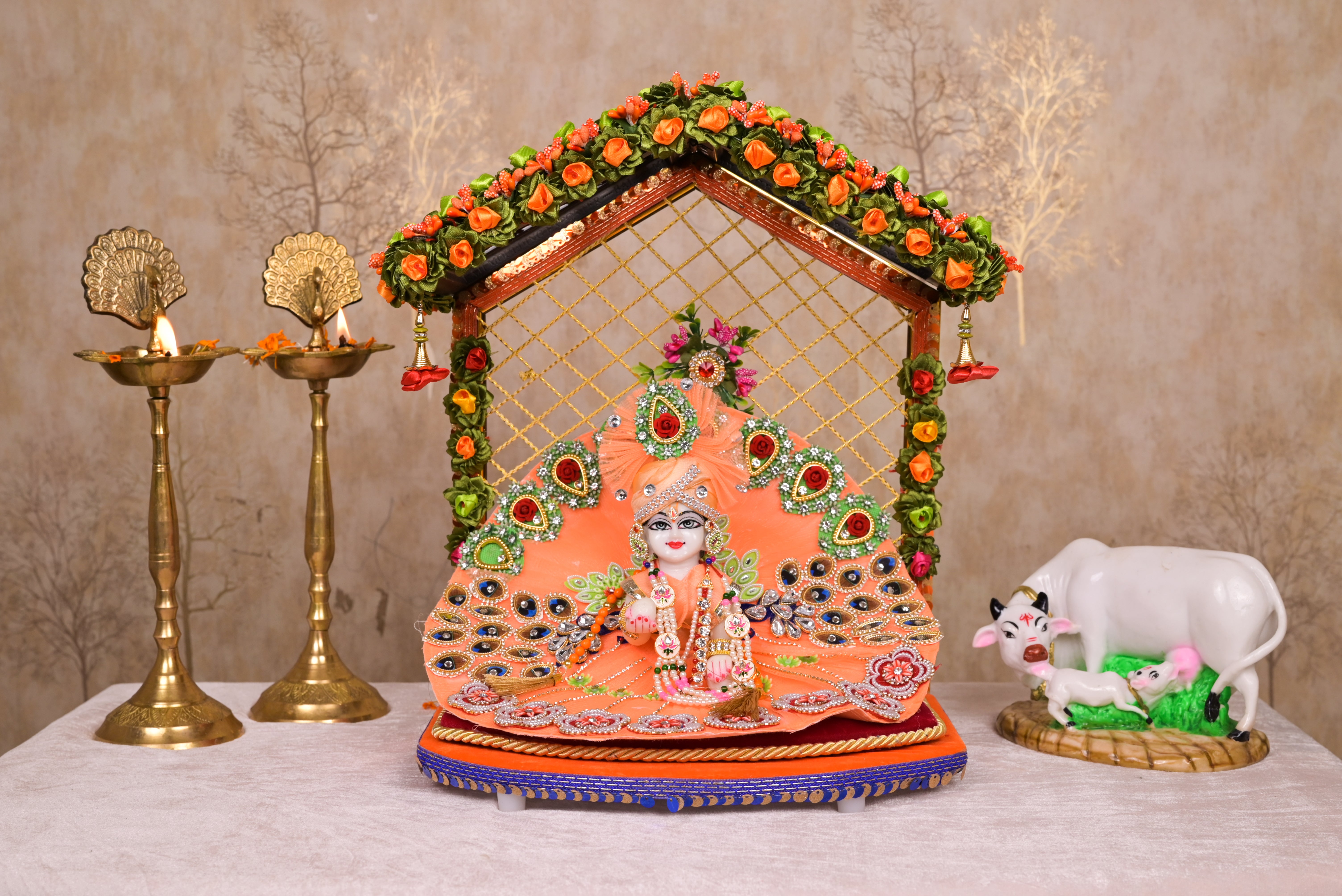 Peach Peacock Style Kundan Net Laddu Gopal Poshak