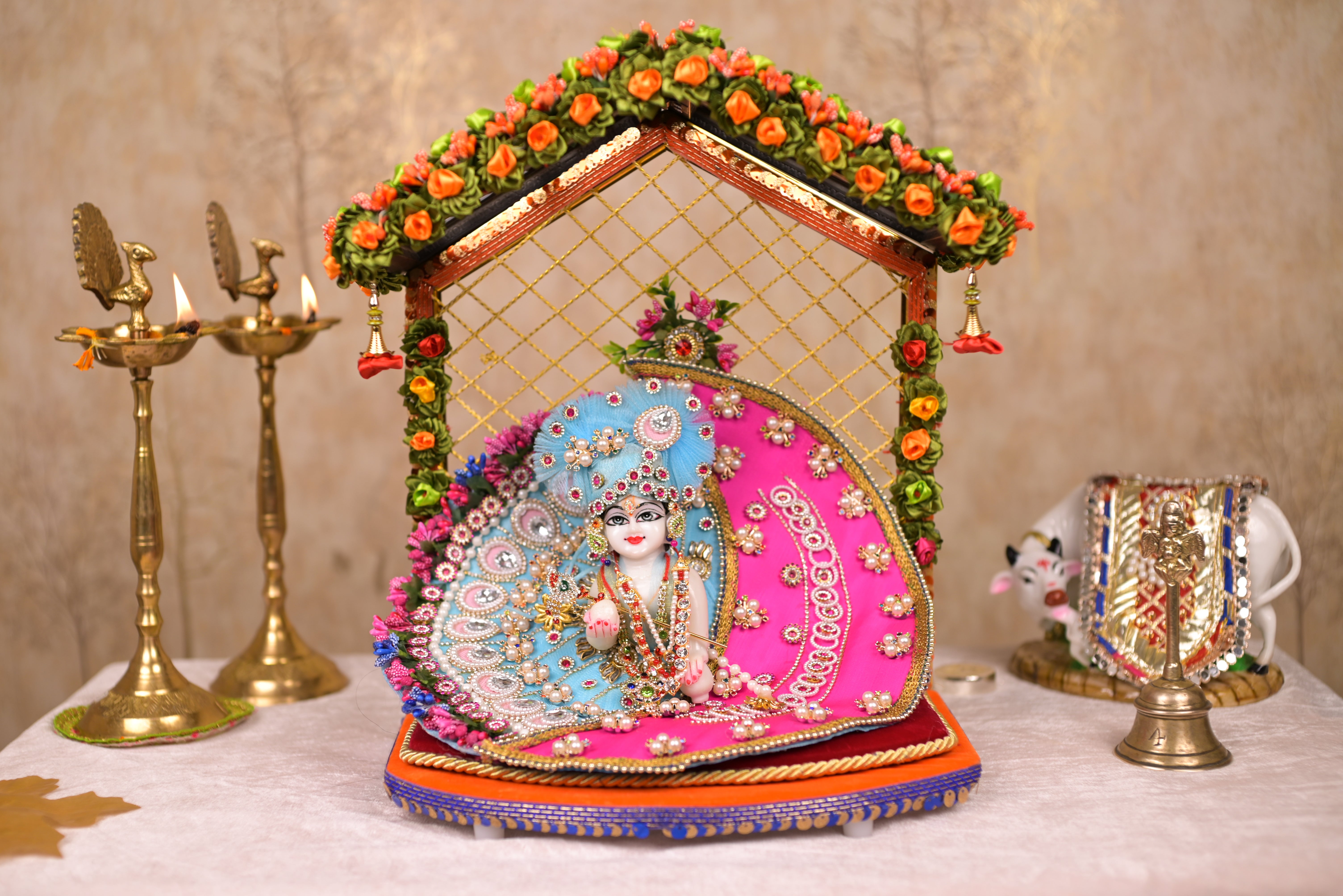 Pink & Sky Blue Moon Style Kundan Net Laddu Gopal Poshak