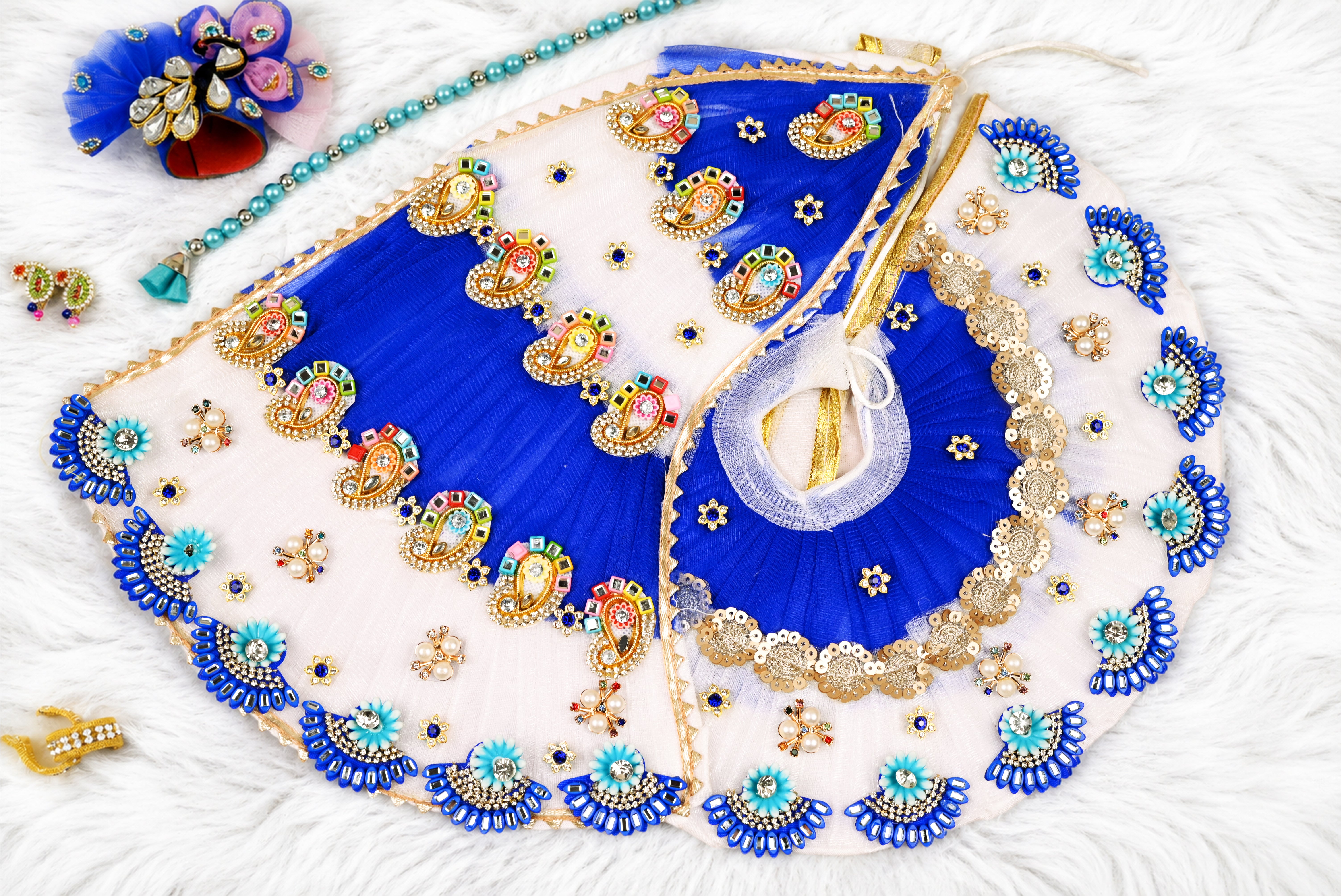 White & Blue Patka Style Kundan Net Laddu Gopal Poshak