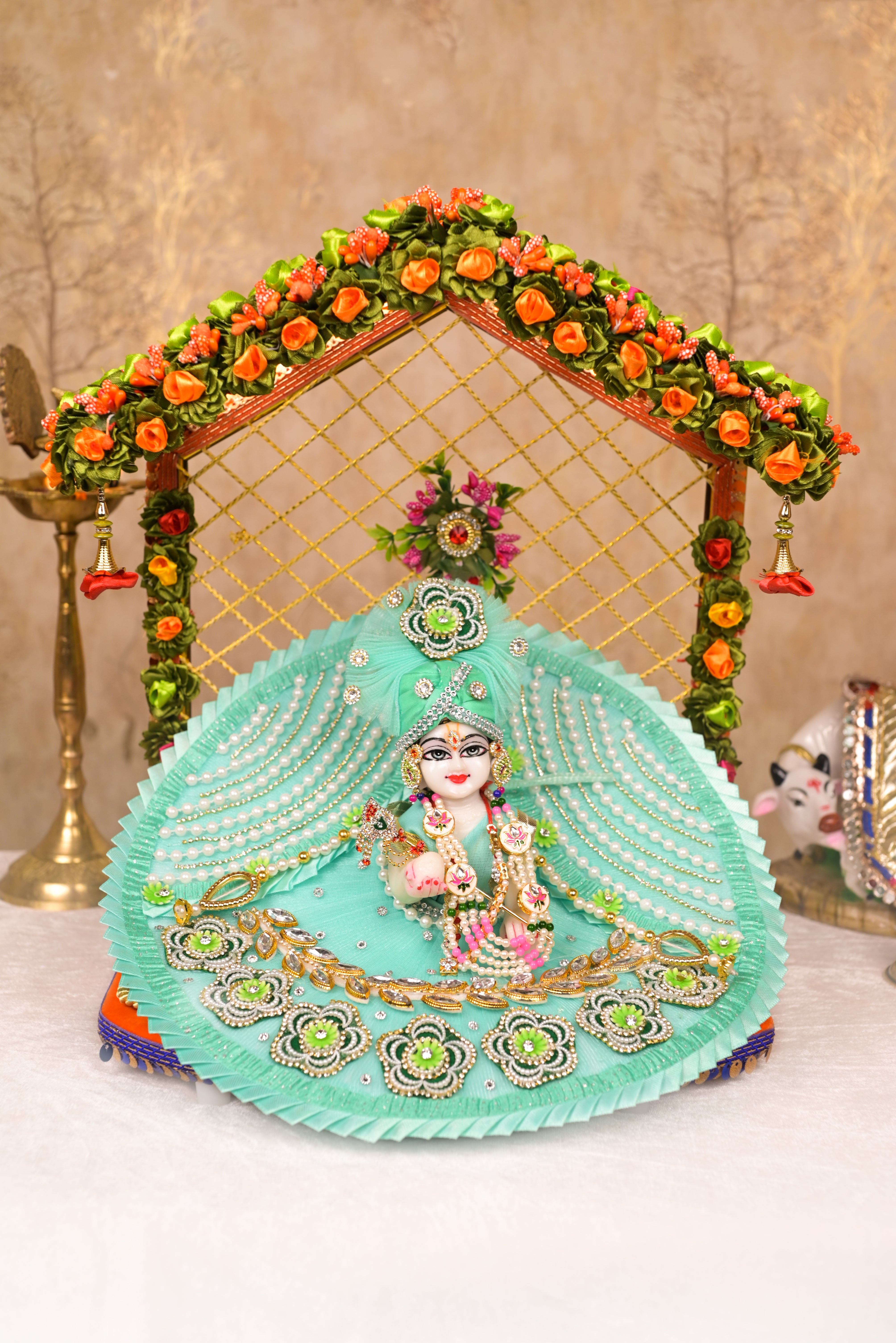 Sea Green Kundan Net Laddu Gopal Poshak