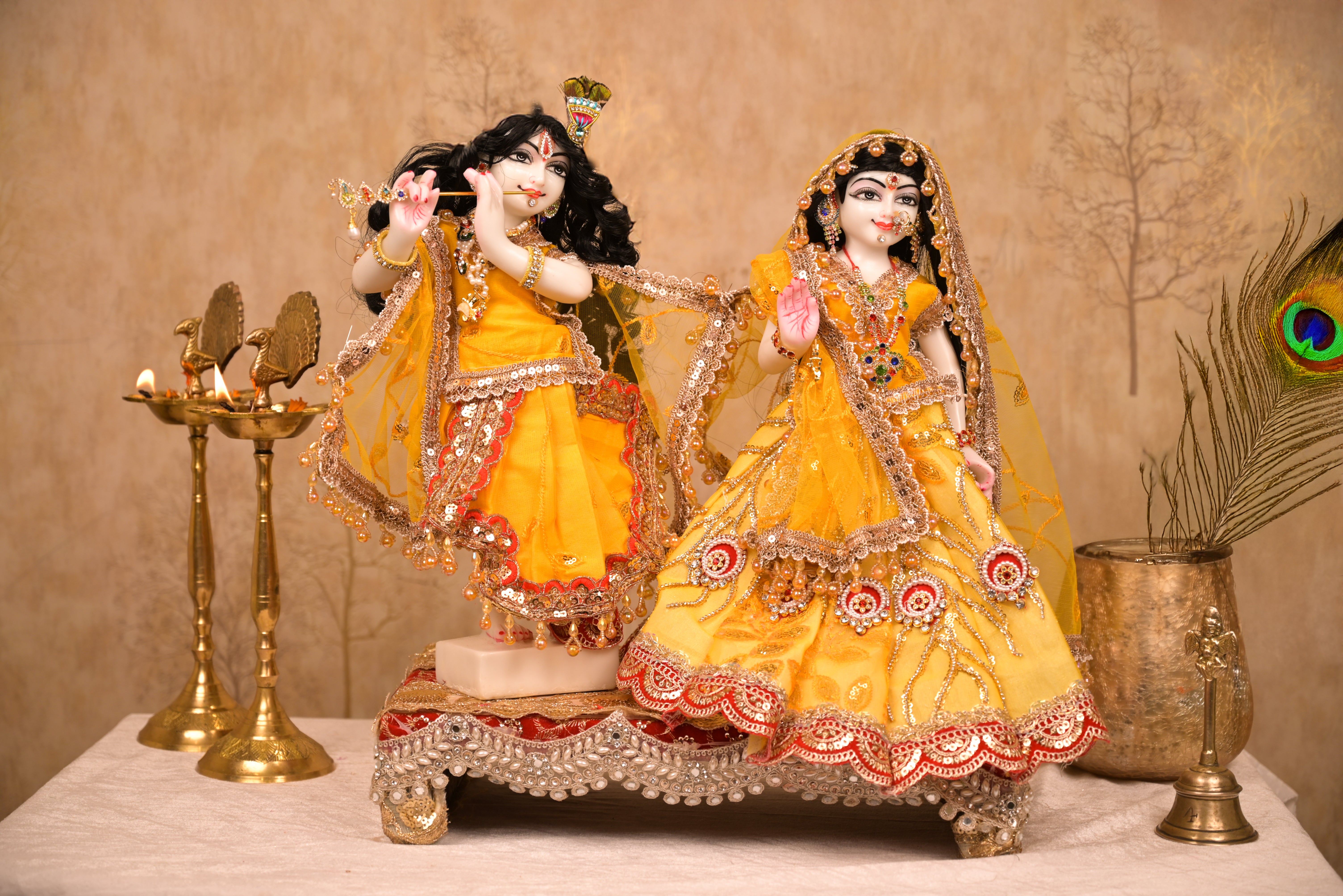 Radha Krishna Poshak | Yellow & Red Net