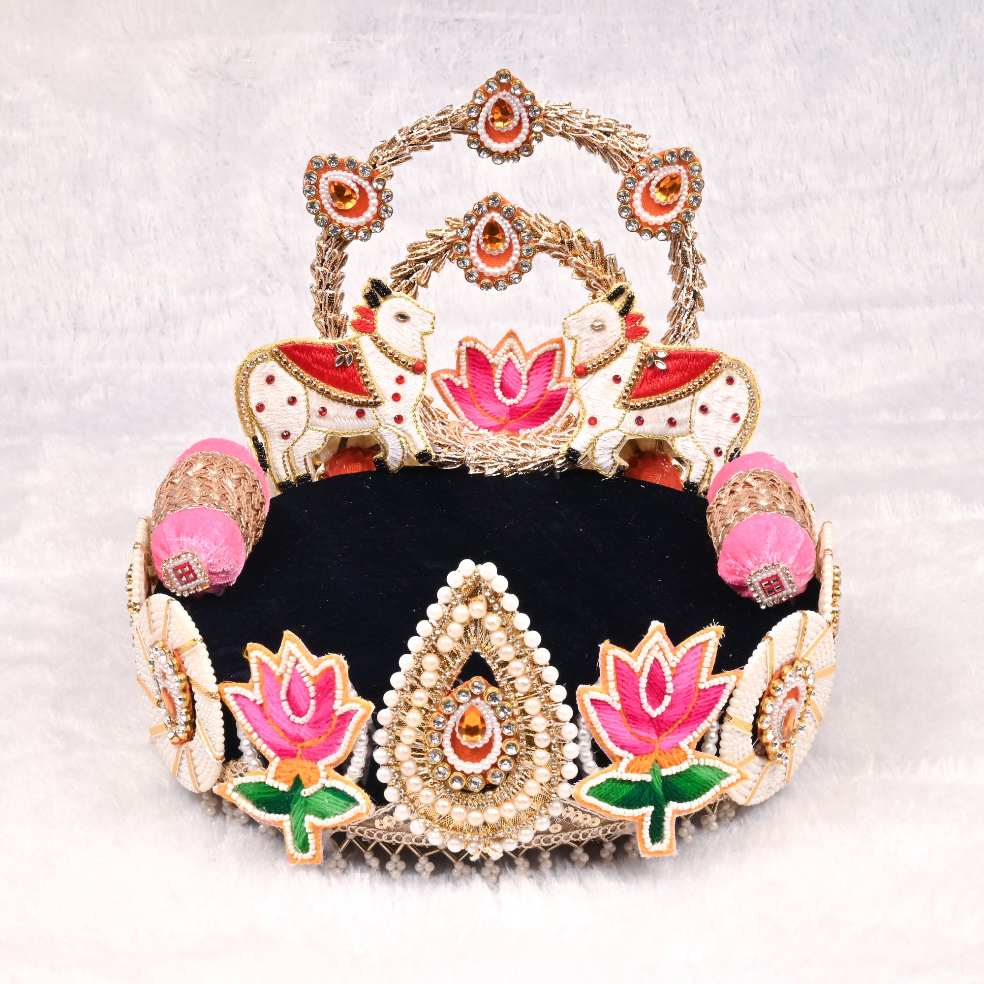 Laddu Gopal Singhasan Black and Pink Lotus Design with Elephant Backrest