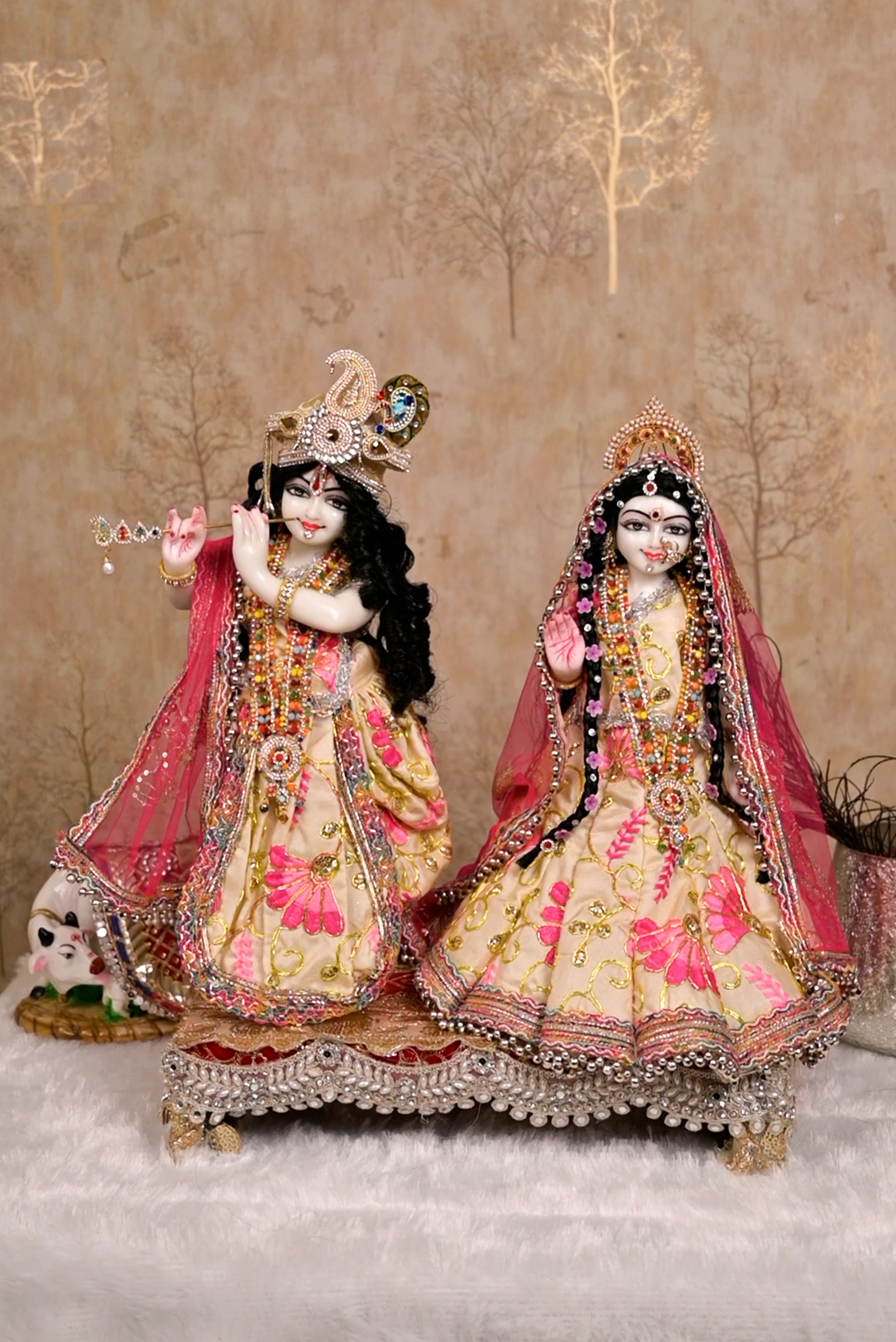Radha Krishna Yugal Jodi Poshak – Beige Golden & Pink