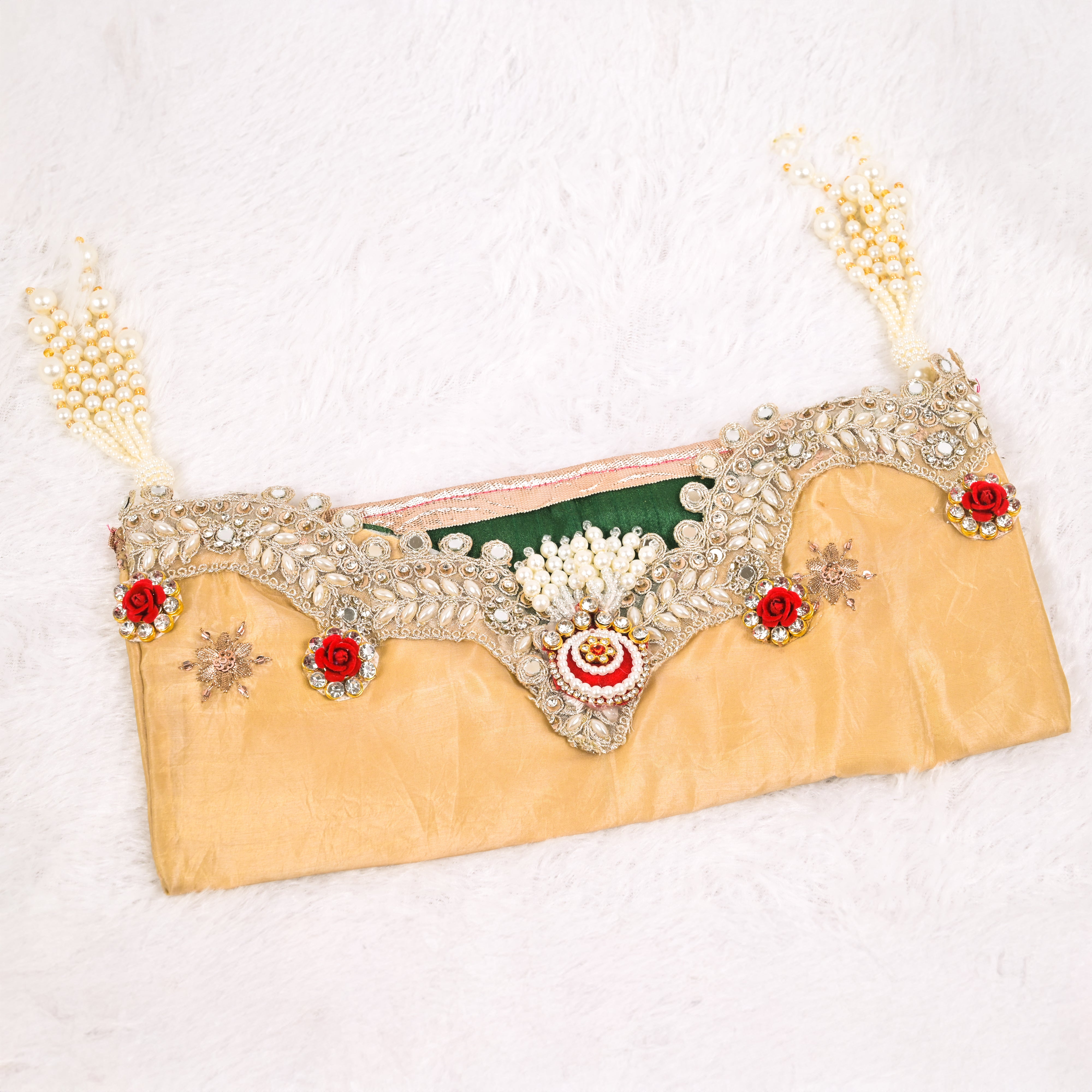 Pearl Beaded Embroidered Pothi Cover with Mirror & Rose Work