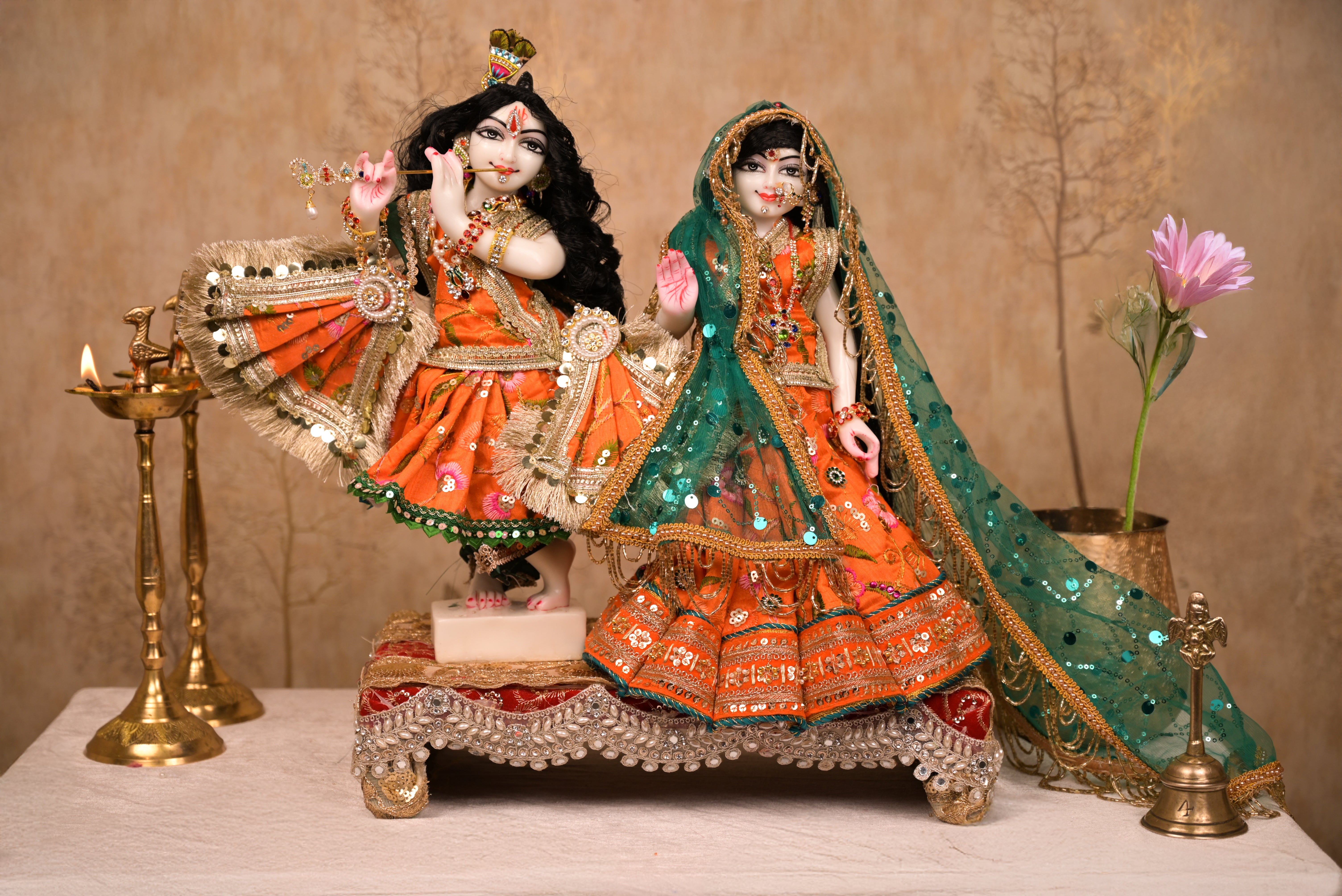 Radha Krishna Poshak | Orange, Green & Golden Silk