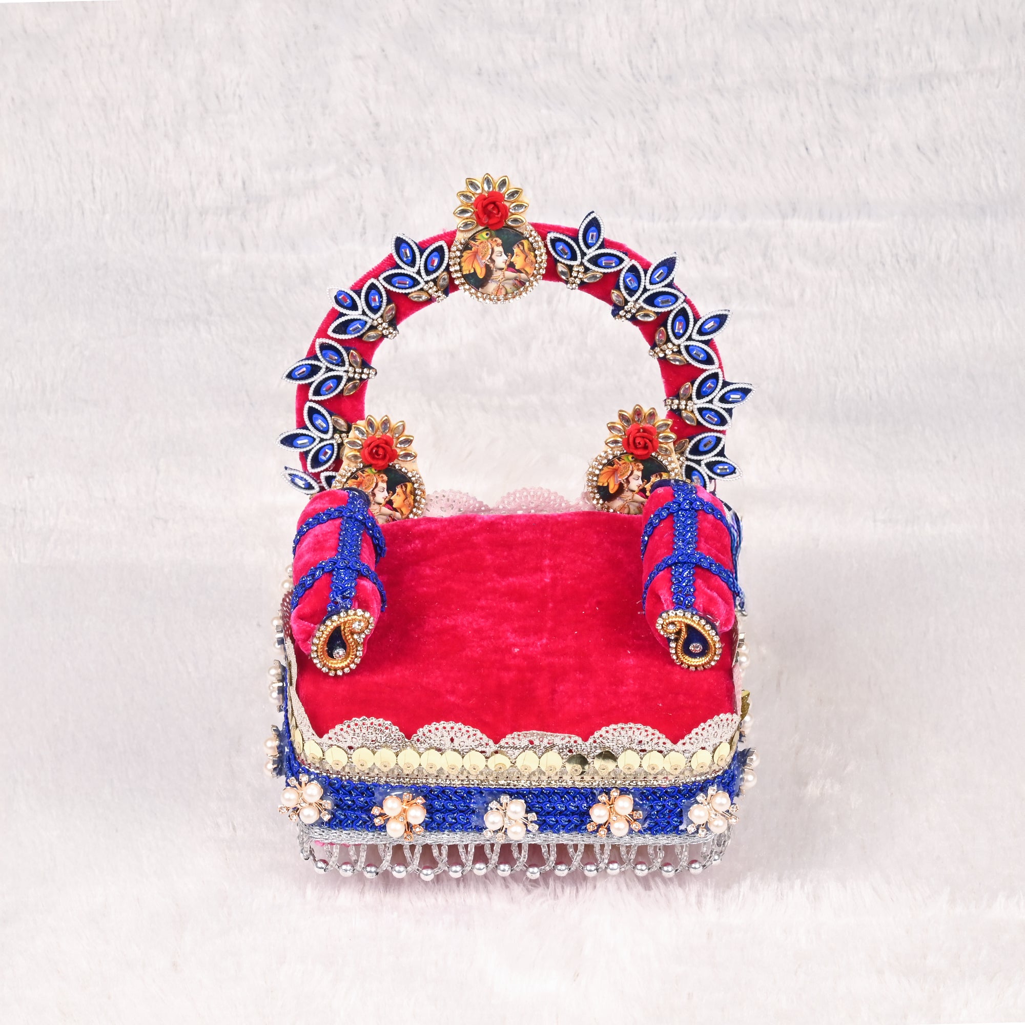 Laddu Gopal Singhasan Red and Blue Velvet Design with Radha Krishna Arch