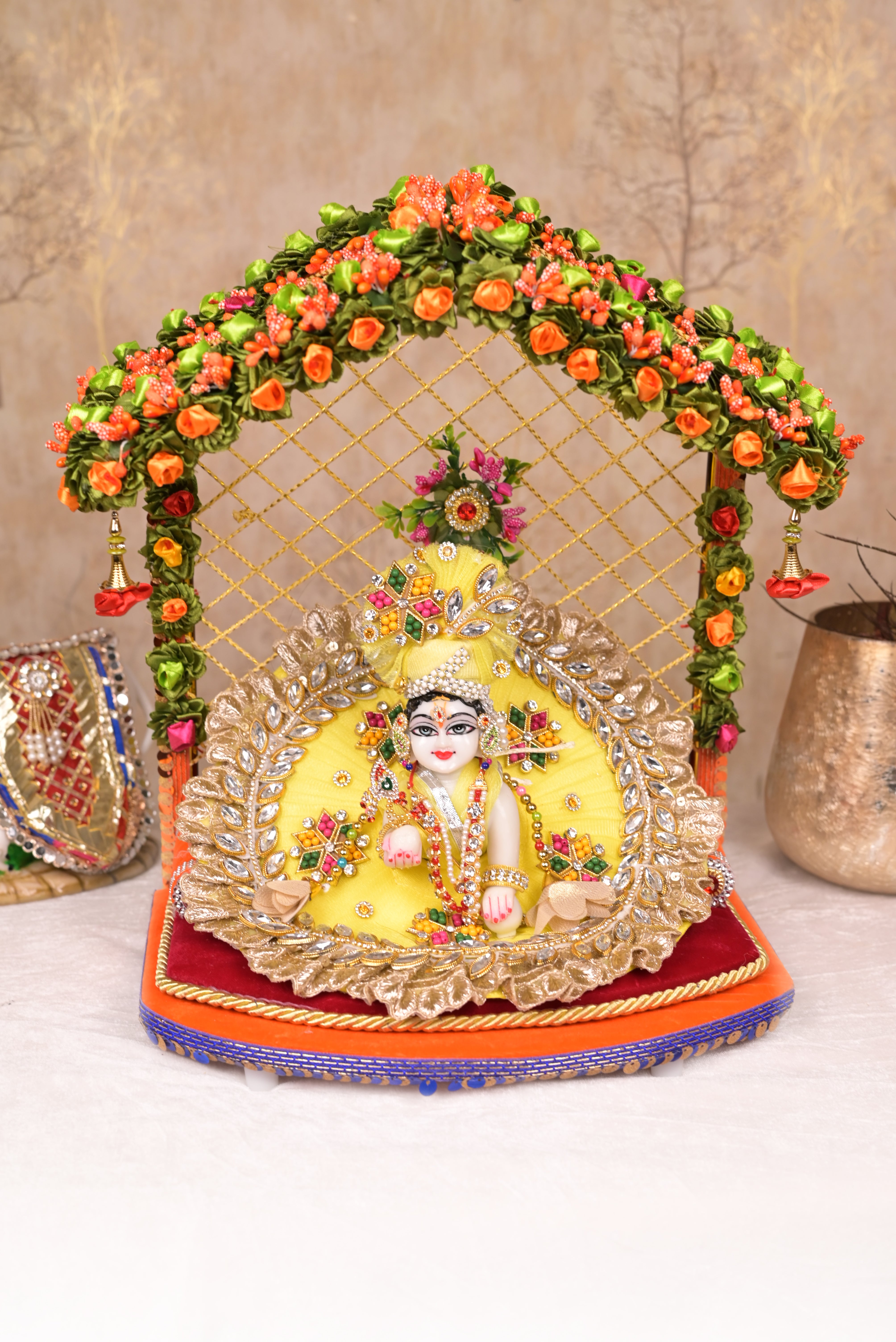 Yellow Kundan Net Laddu Gopal Poshak with Pearl Patka