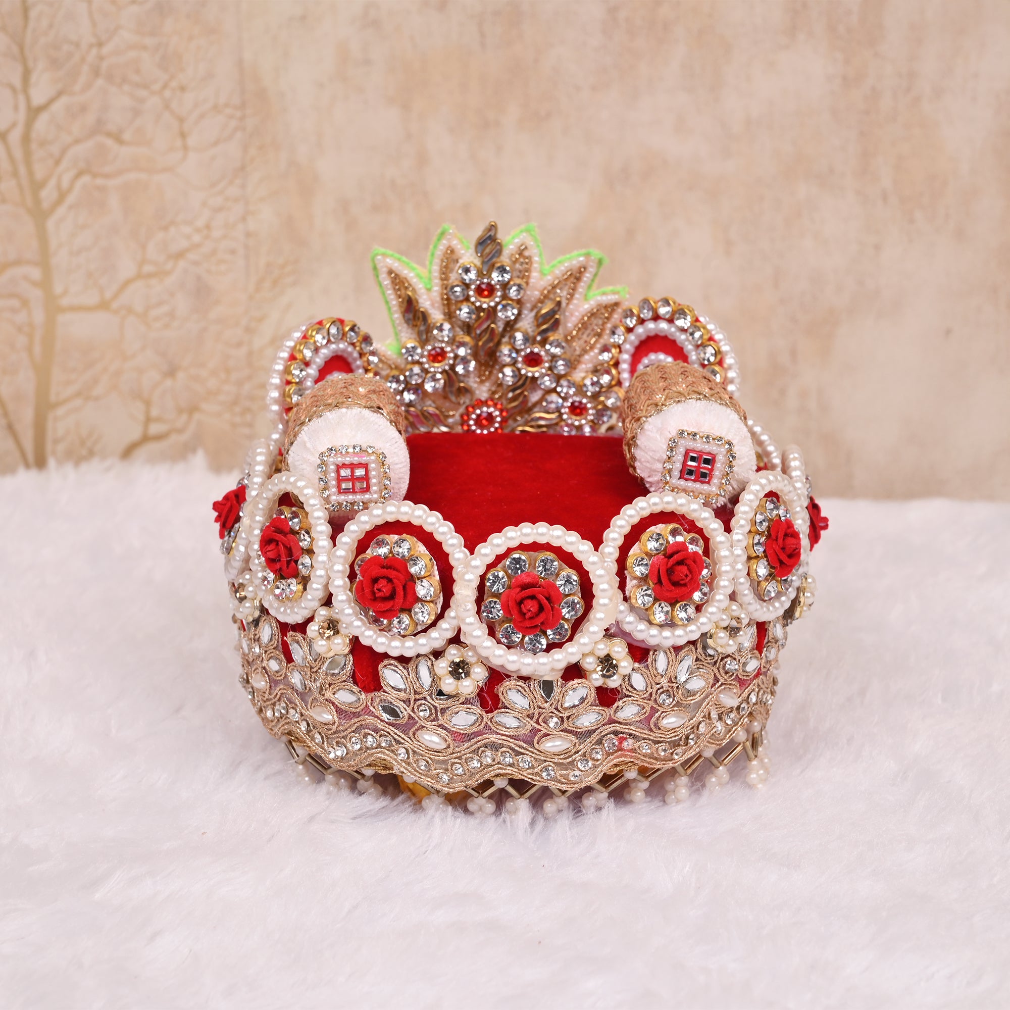 Laddu Gopal Singhasan Red and White Decorative Throne with Ornamental Backrest