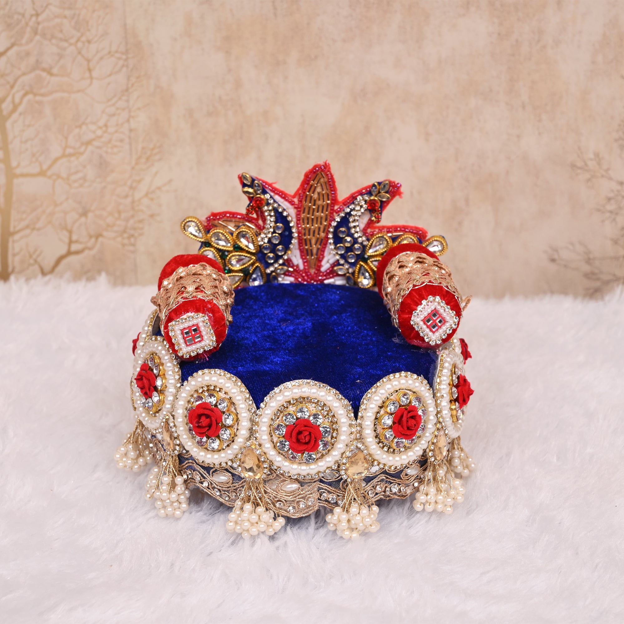 Laddu Gopal Singhasan Blue and Red Peacock Design