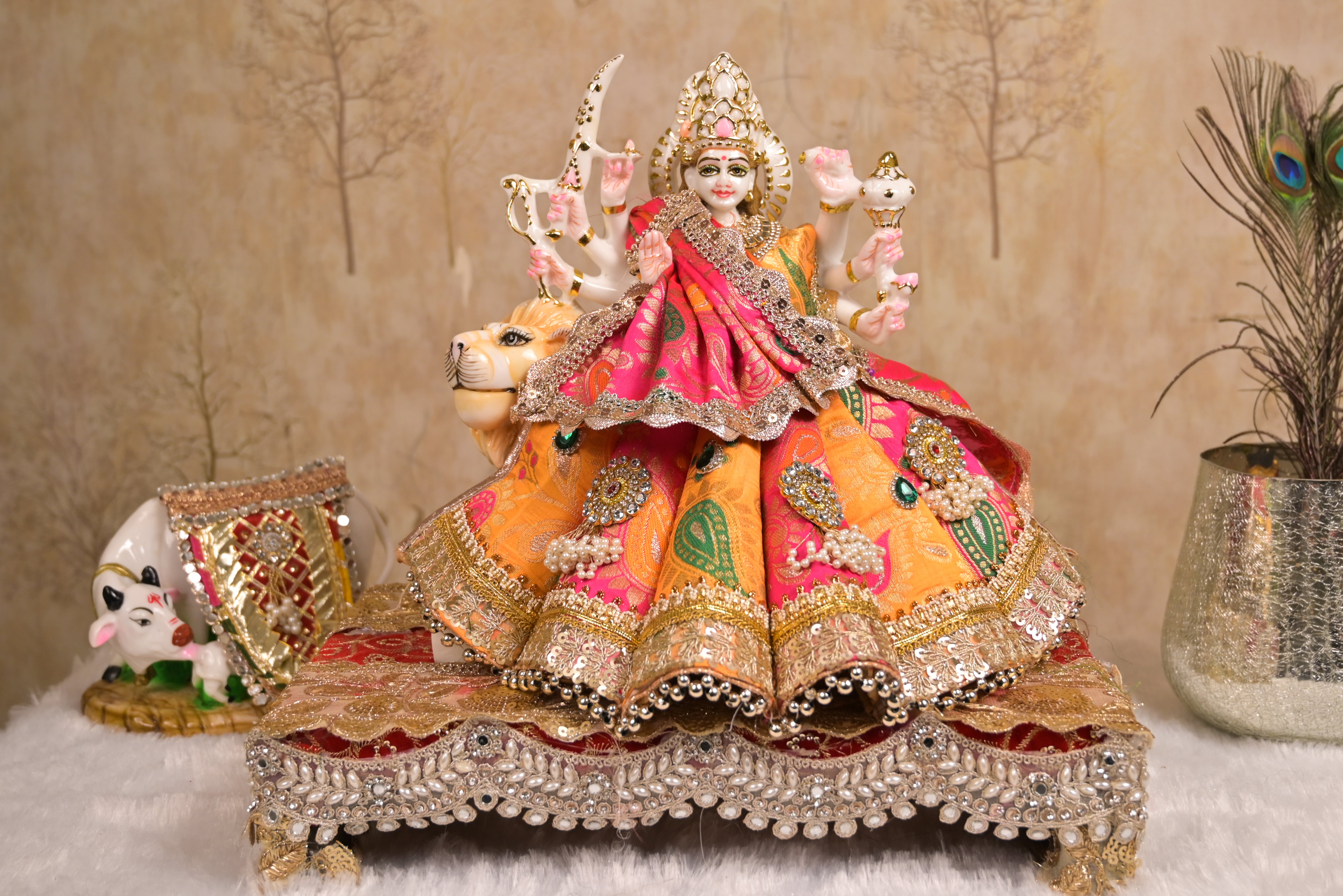 Mata Rani Poshak – Pearl Buti & Golden Lace Work Organza Kali Style Dress