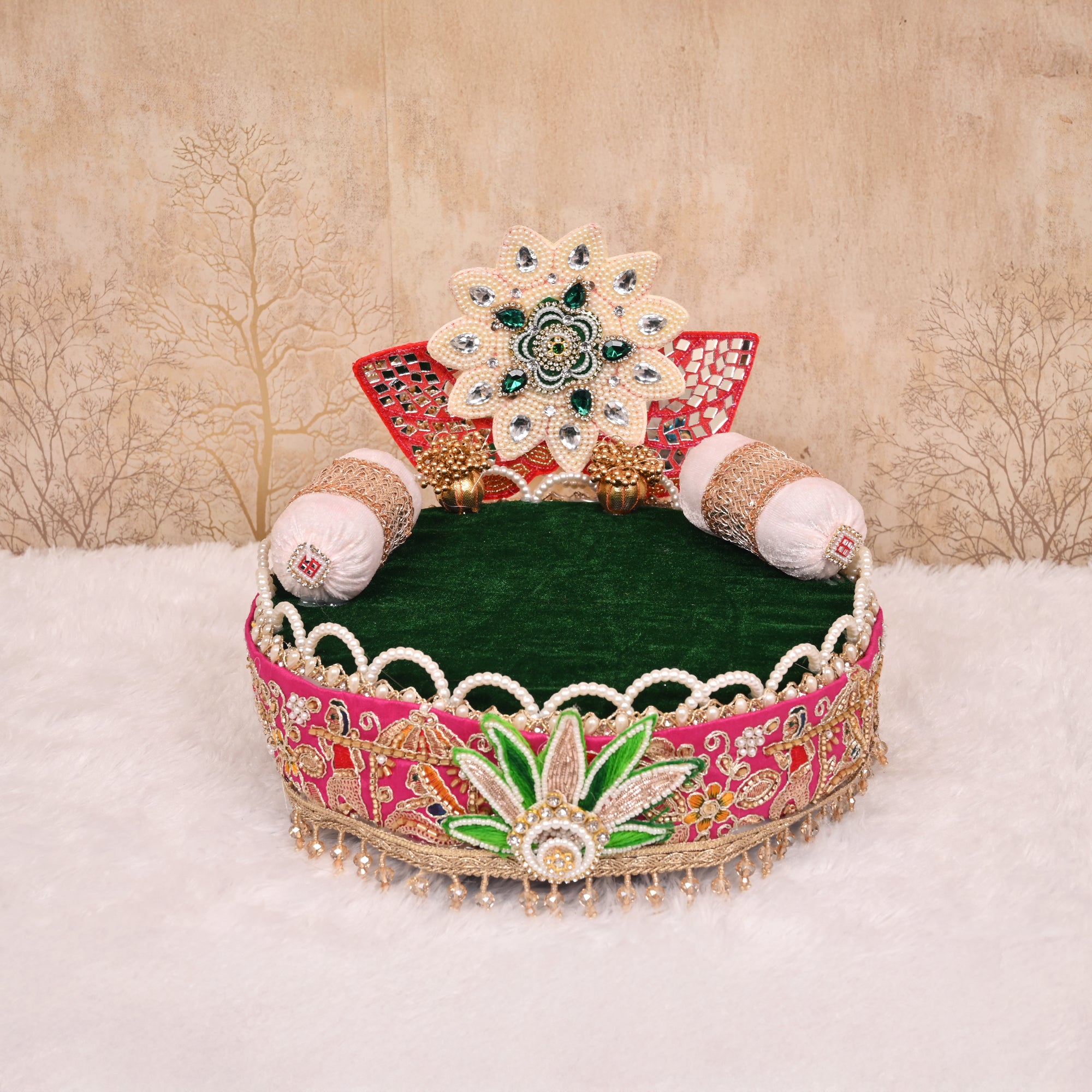 Laddu Gopal Singhasan Green and Pink Floral Design with Embellished Backrest