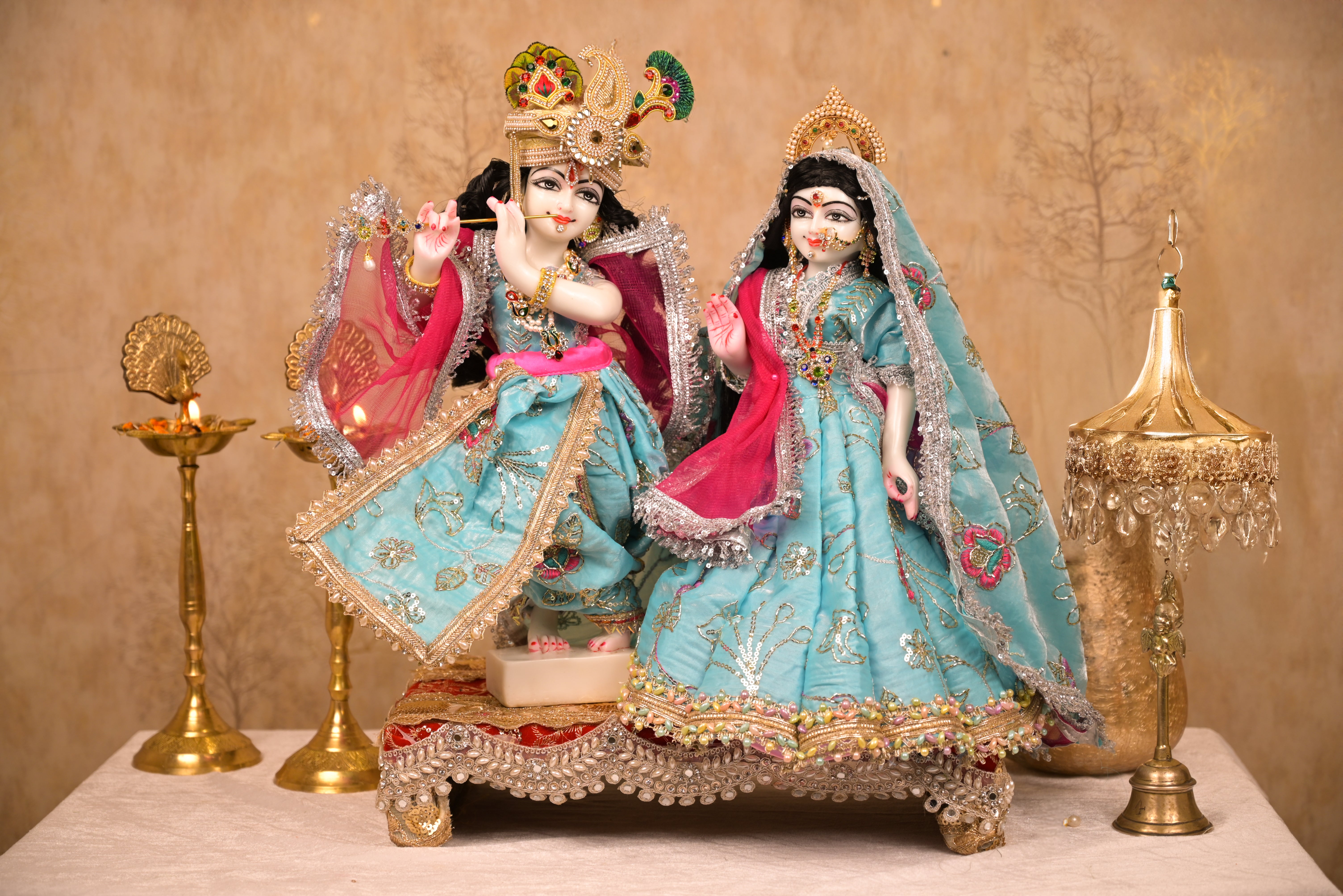Radha Krishna Poshak | Sea Blue & Pink Silk