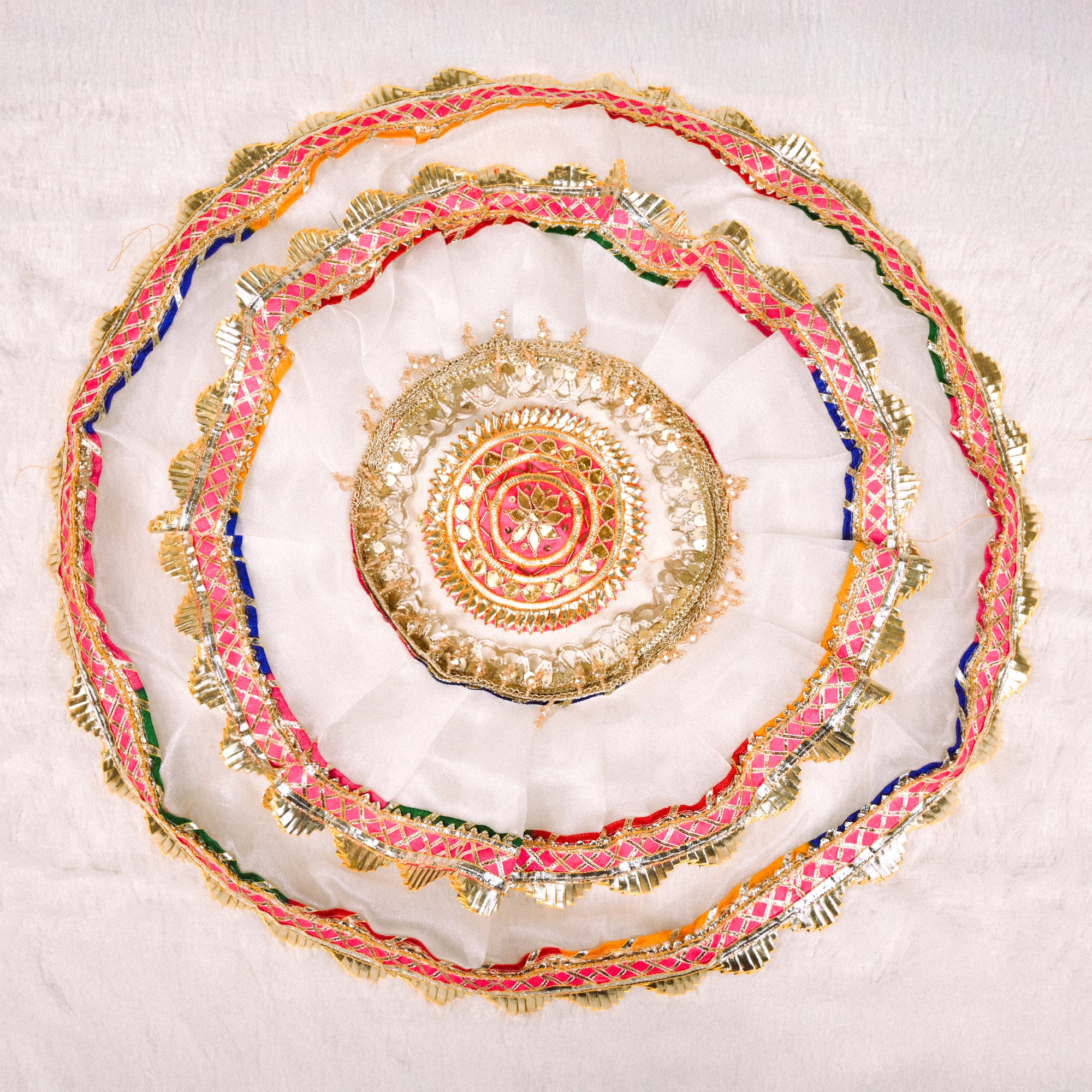 Decorative Round Thali Cover White and Pink Embroidered Design