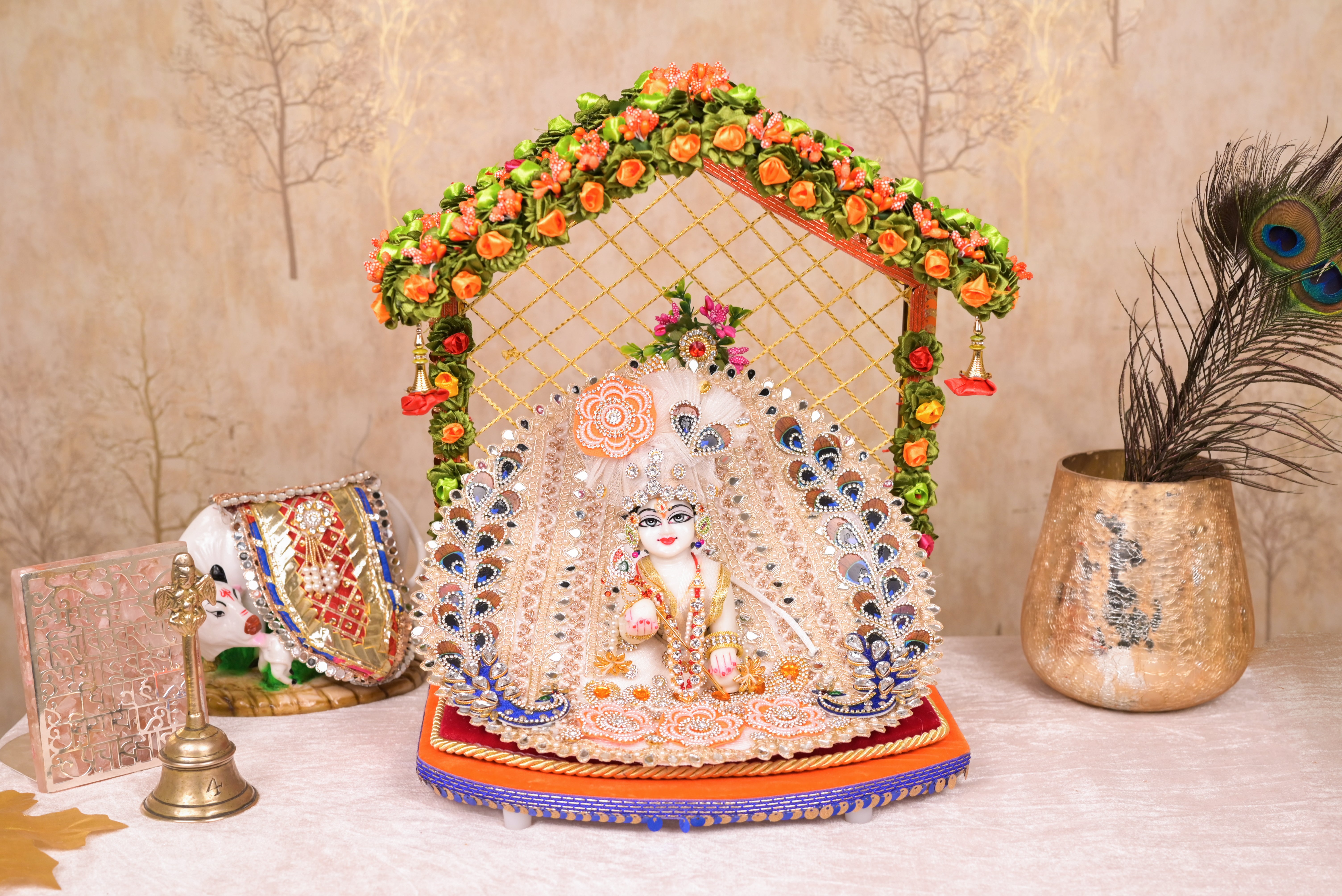 White Peacock Kundan Net Laddu Gopal Poshak with Pearl Patka