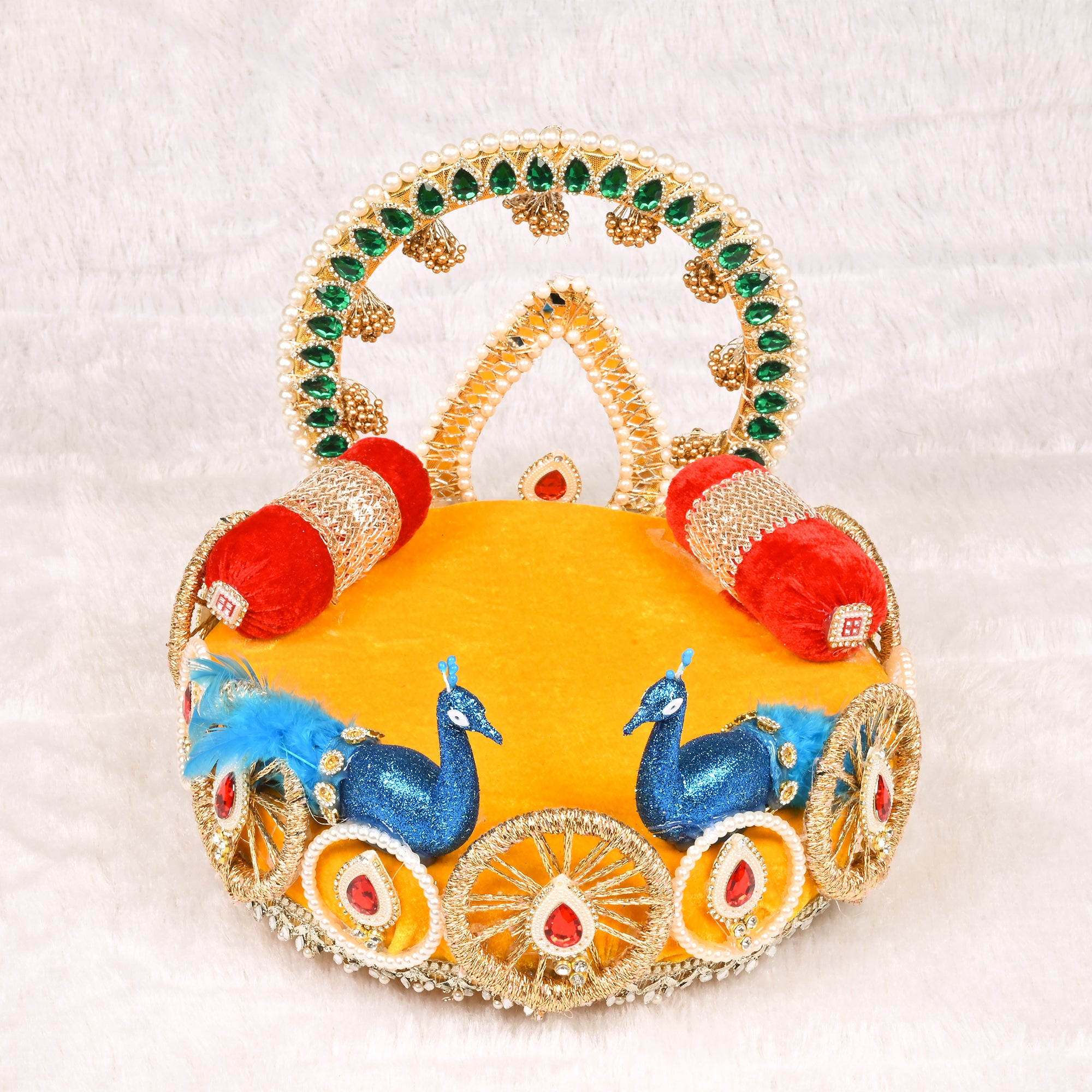 Laddu Gopal Singhasan Yellow and Peacock Design with Decorative Backrest