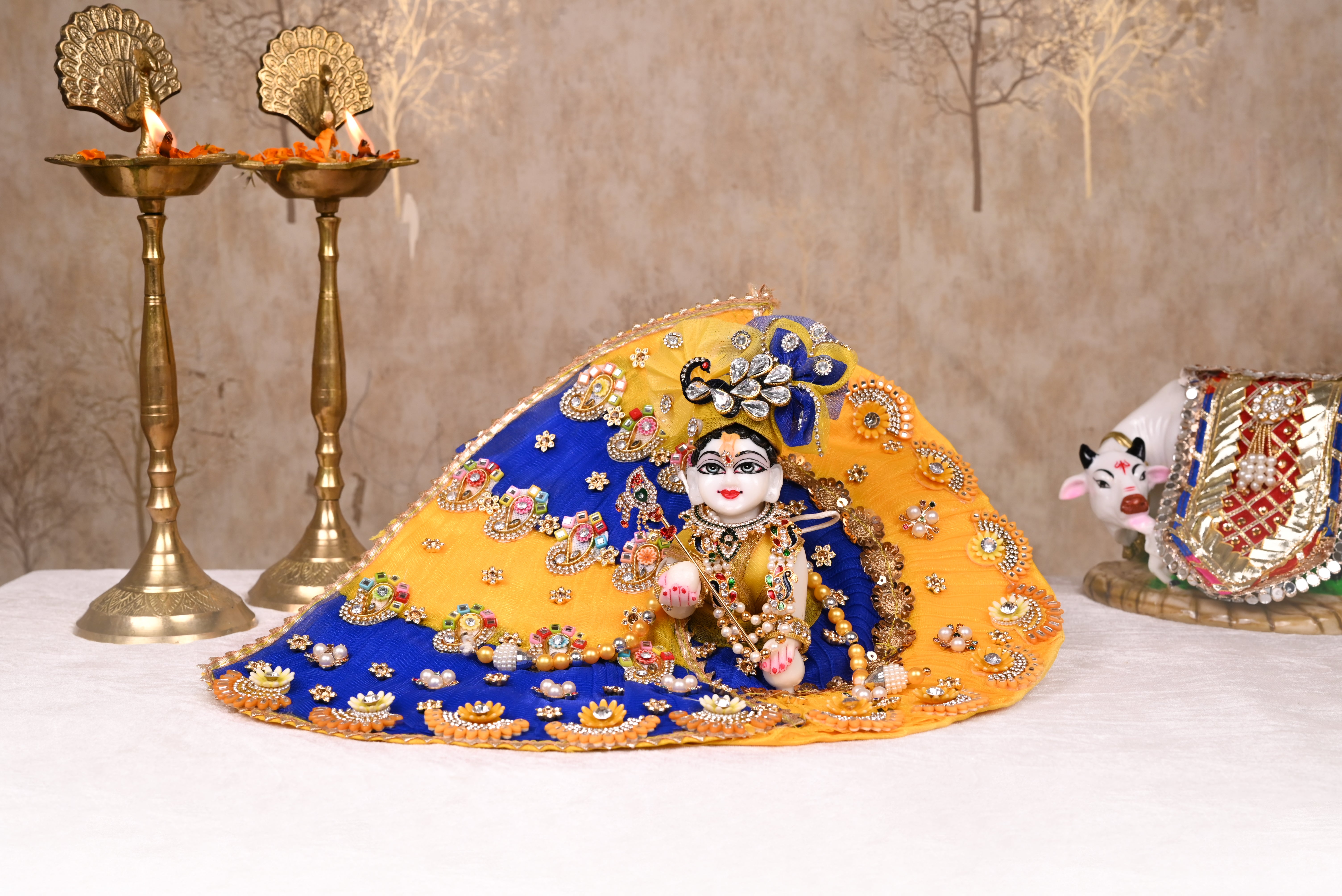 Yellow & Blue Patka Style Kundan Net Laddu Gopal Poshak