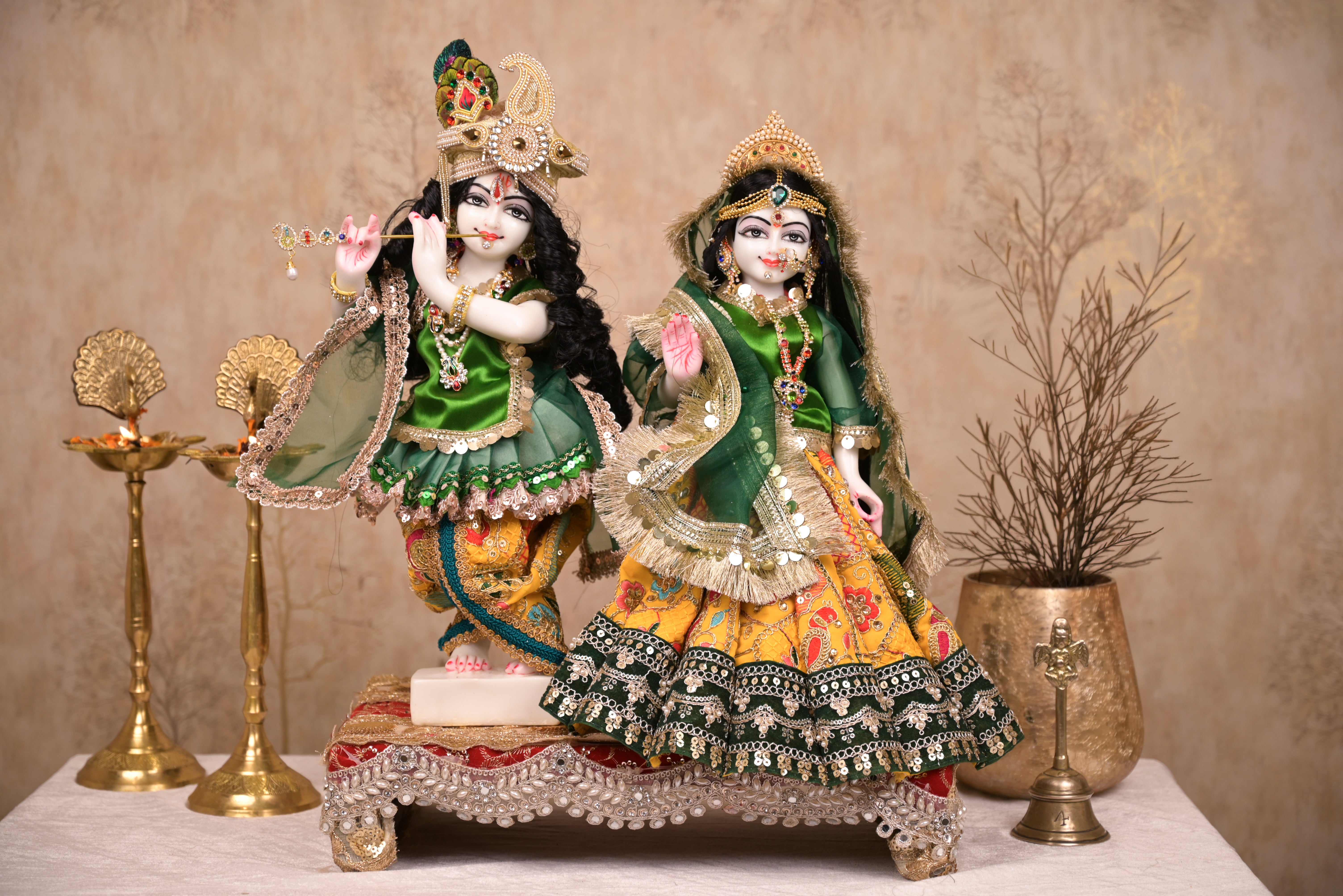 Radha Krishna Poshak | Yellow, Green & Pink Georgette