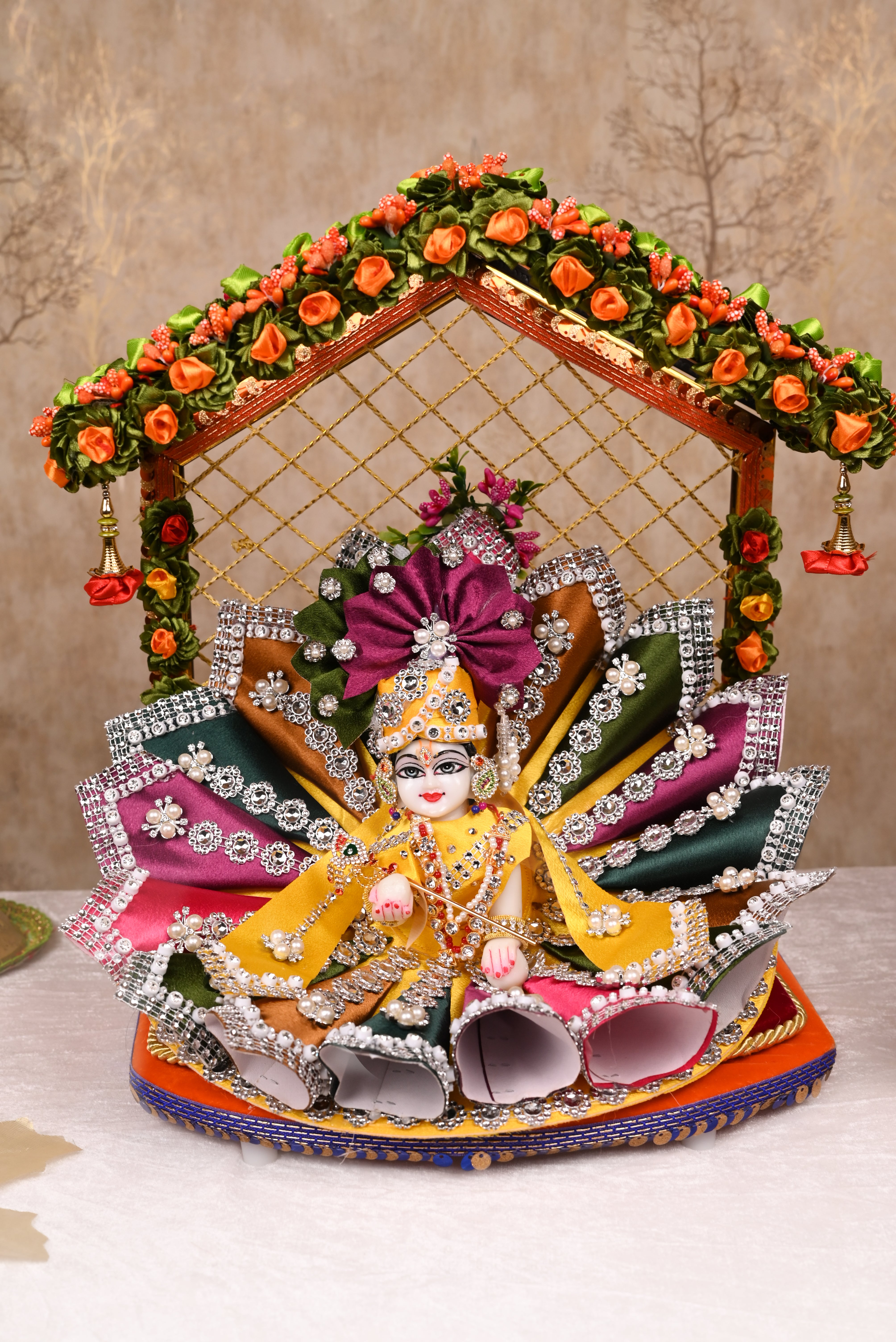 Multi-Colour Cone Style Silk Kundan Laddu Gopal Poshak