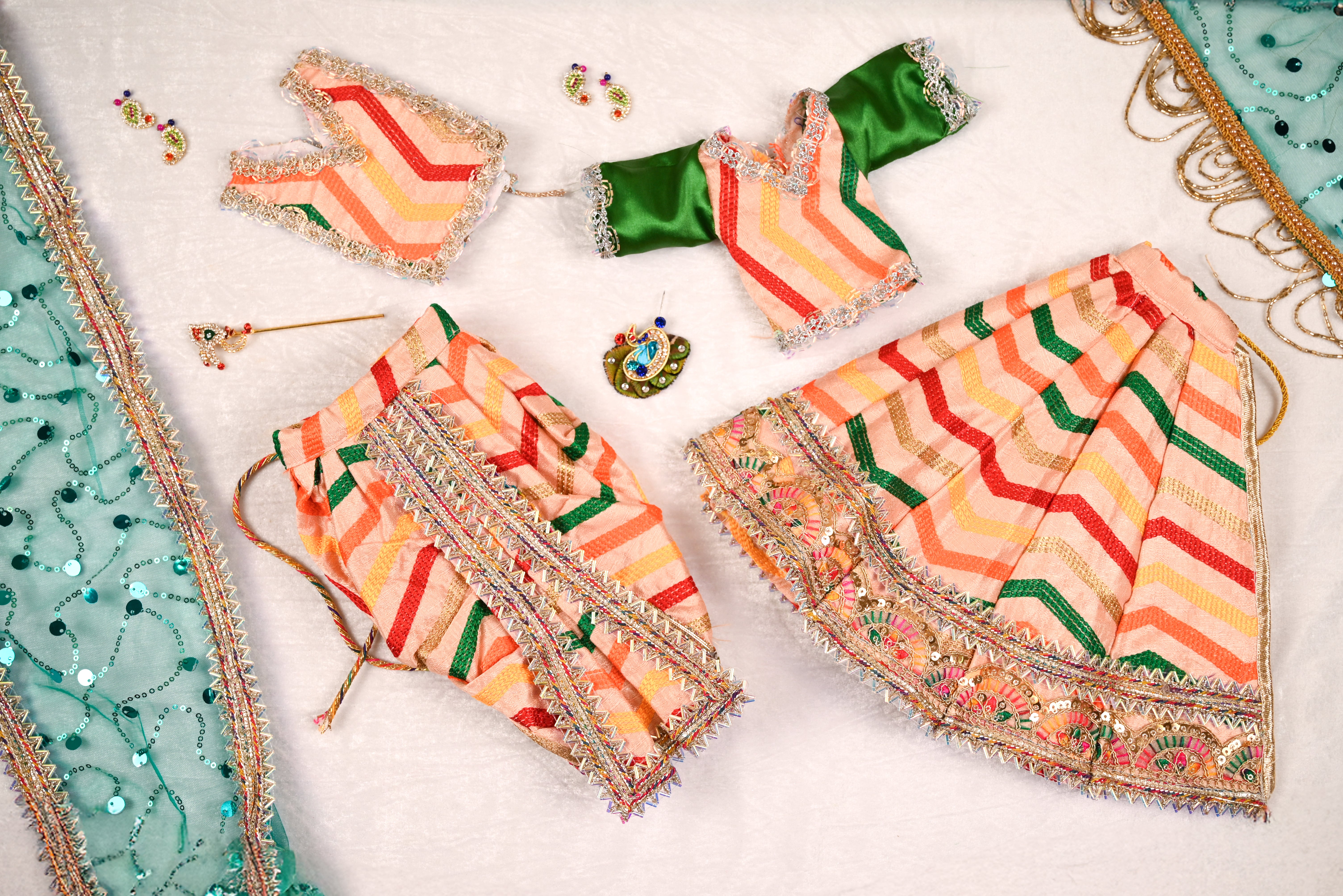 Radha Krishna Poshak | Peach, Pink & Green Silk