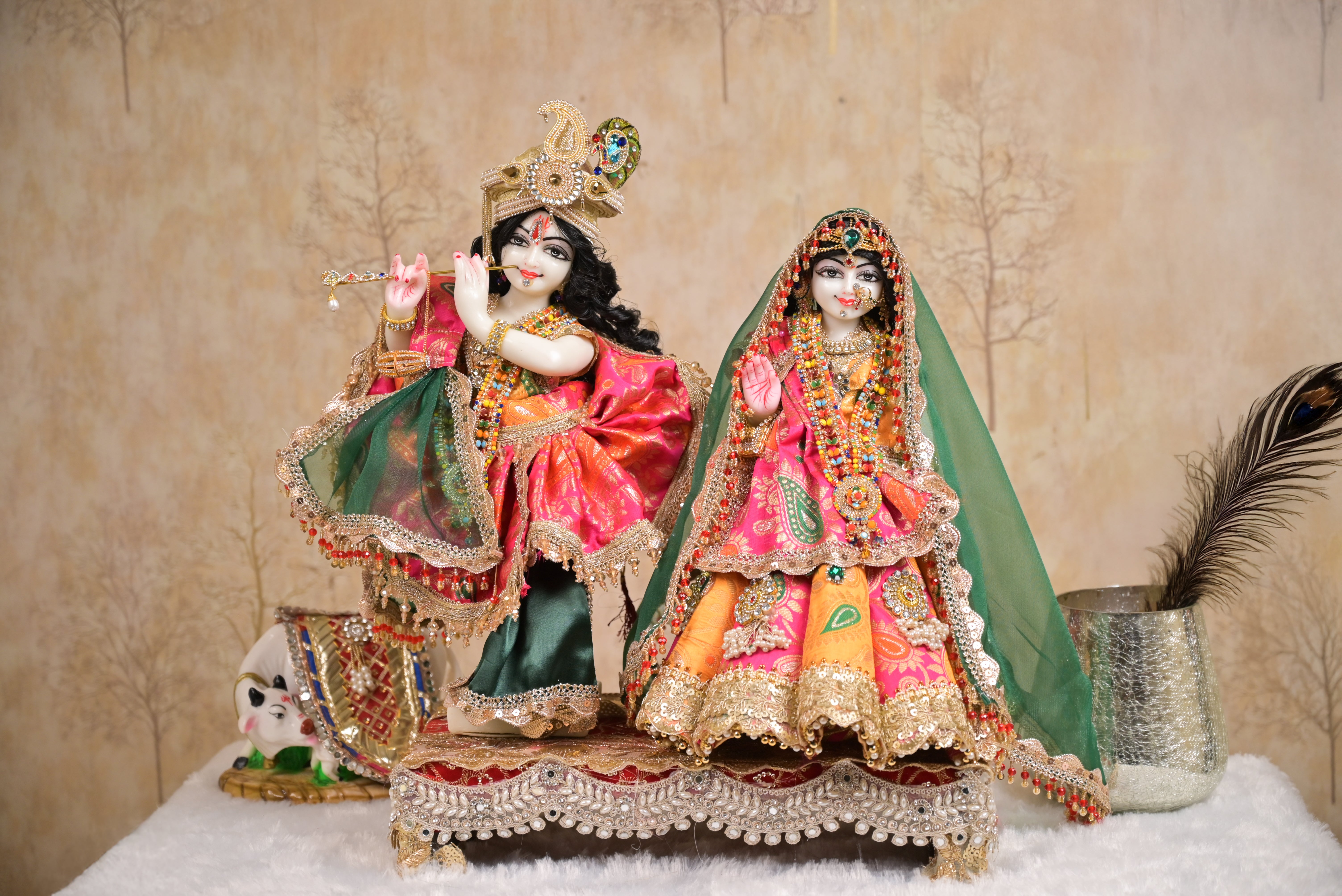 Radha Krishna Royal Yugal Jodi Poshak | Pure Banarsi Premium Silk | Pink, Mustard Yellow & Green