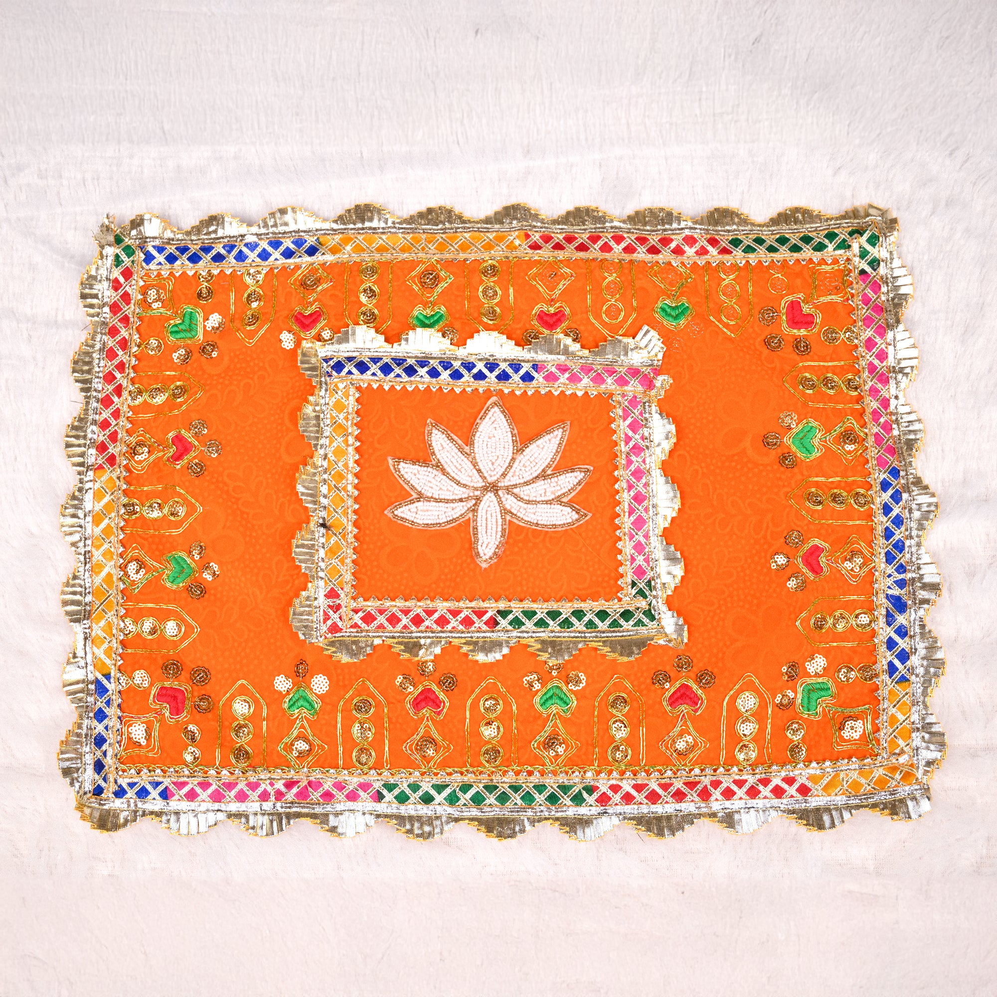 Laddu Gopal Decorative Seating Mat Orange Embroidered Design