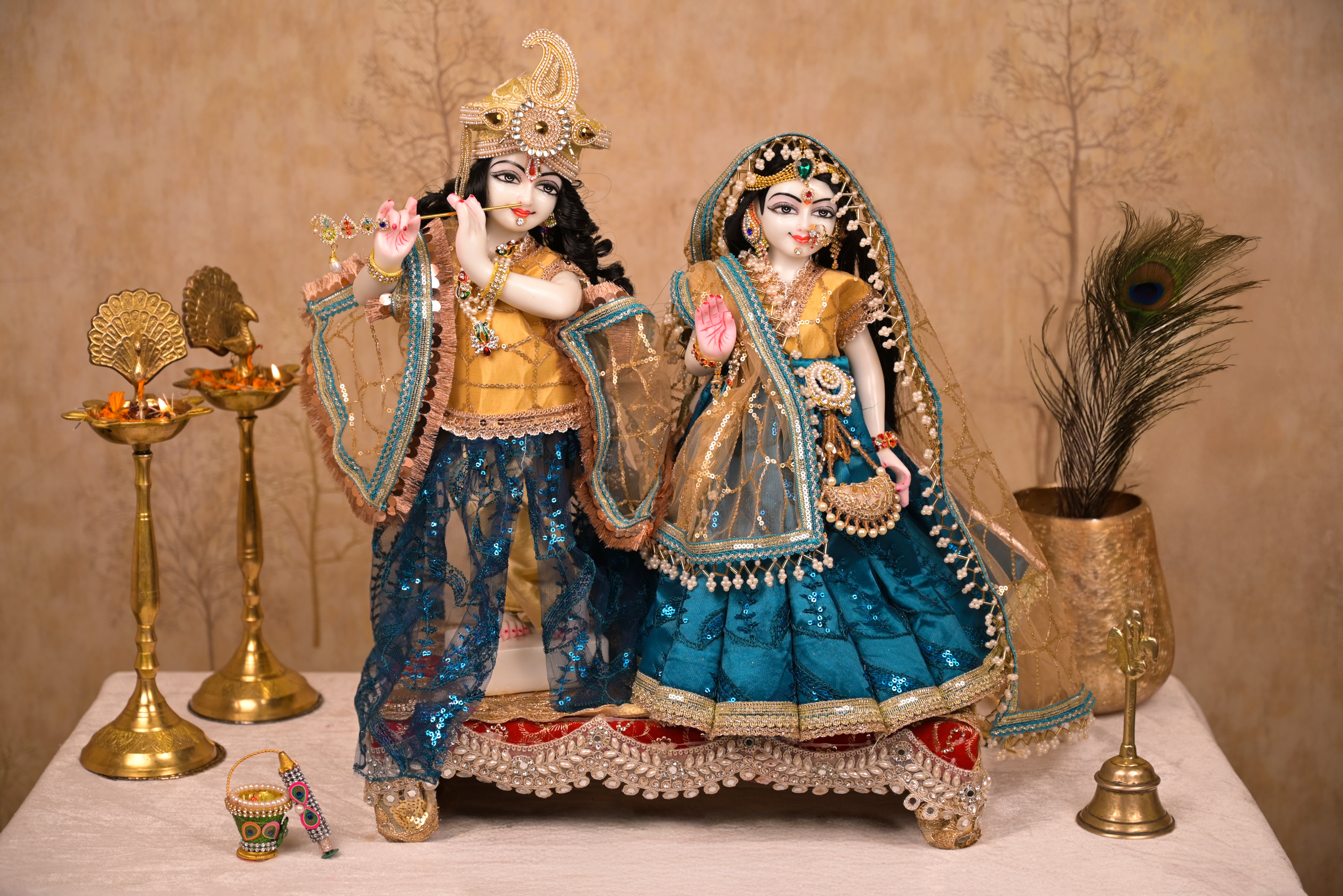 Radha Krishna Poshak | Golden & Dark Blue Net