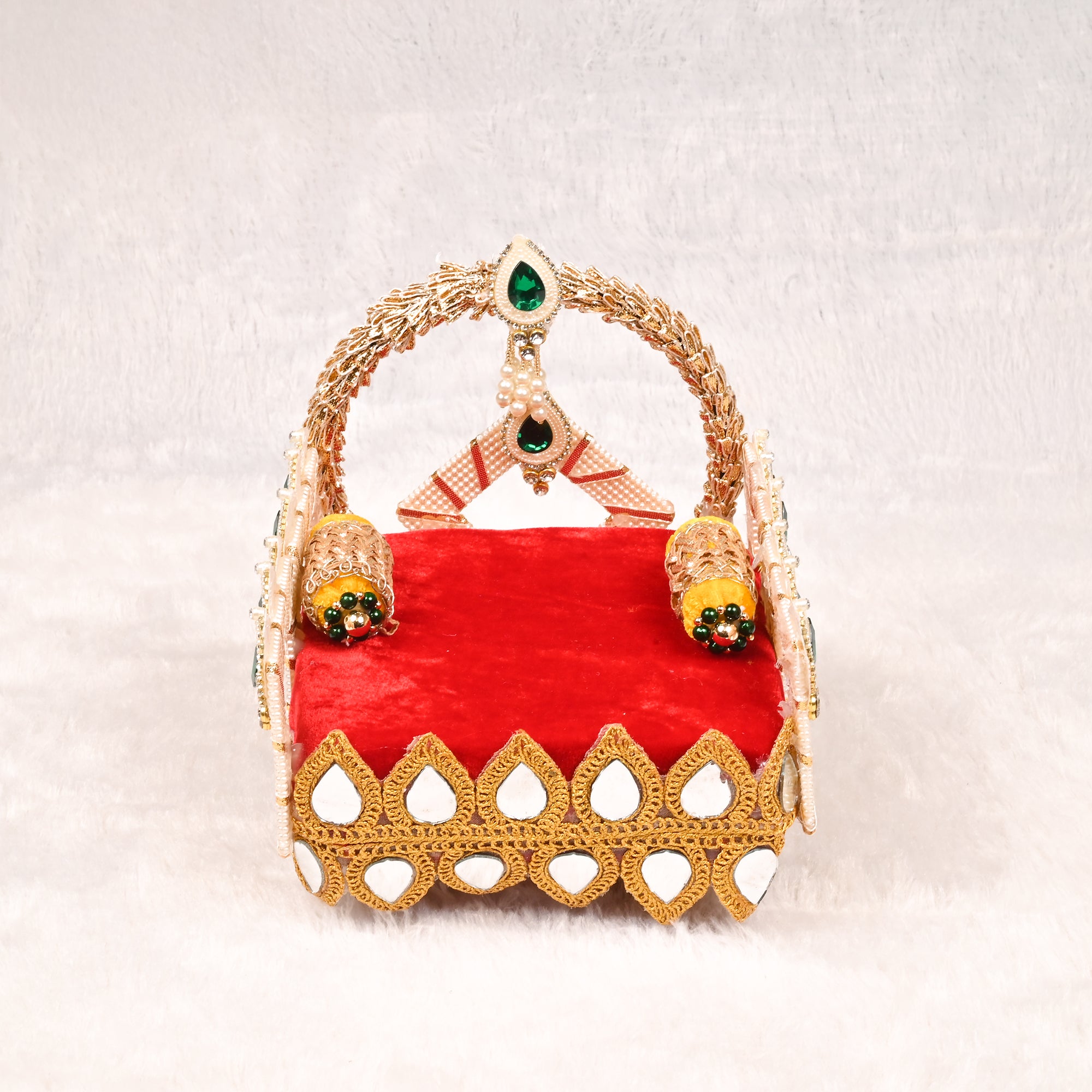 Laddu Gopal Singhasan Red Square Design with Golden Embellished Backrest