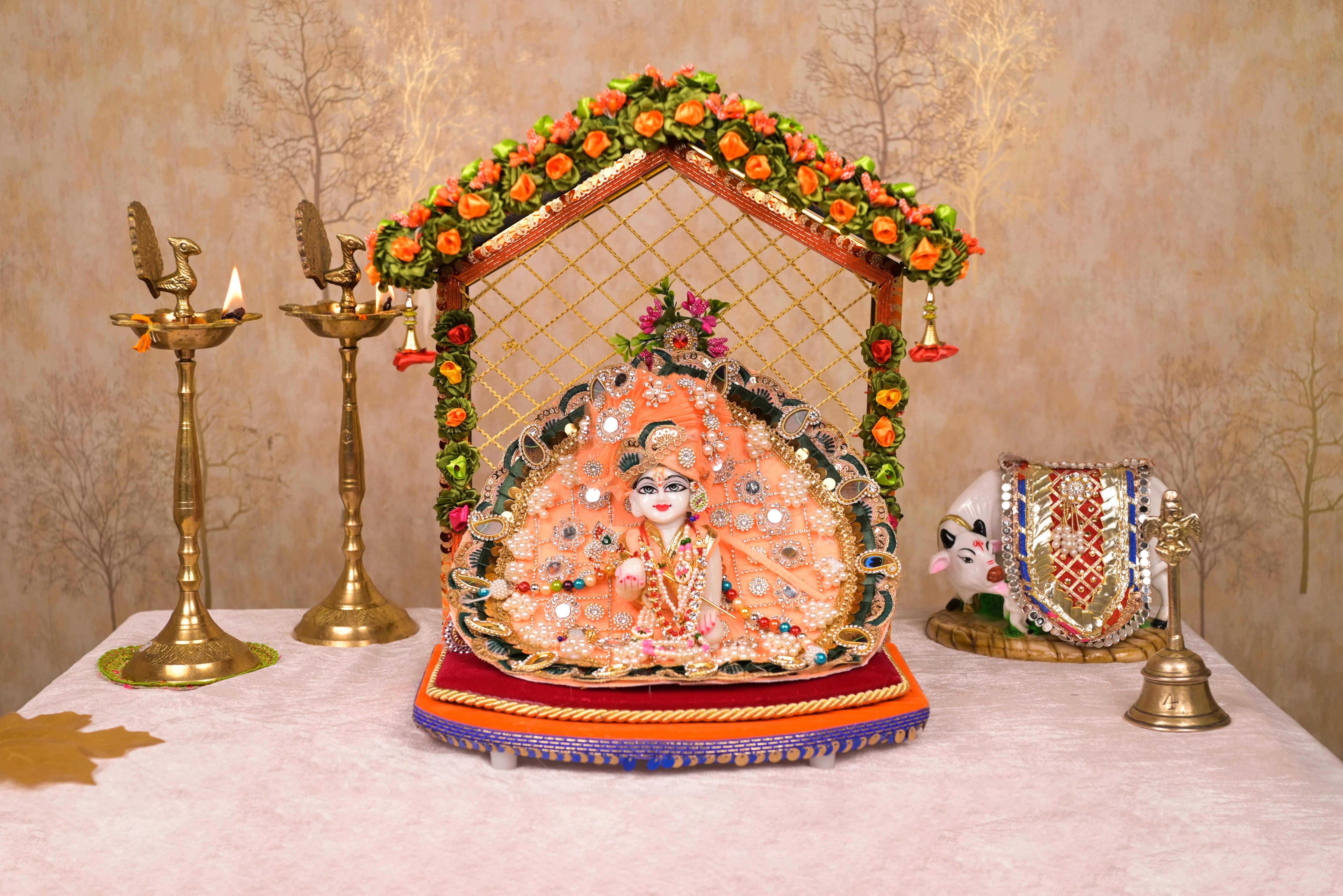 Peach & Green Mor Pankhi Kundan Net Laddu Gopal Poshak