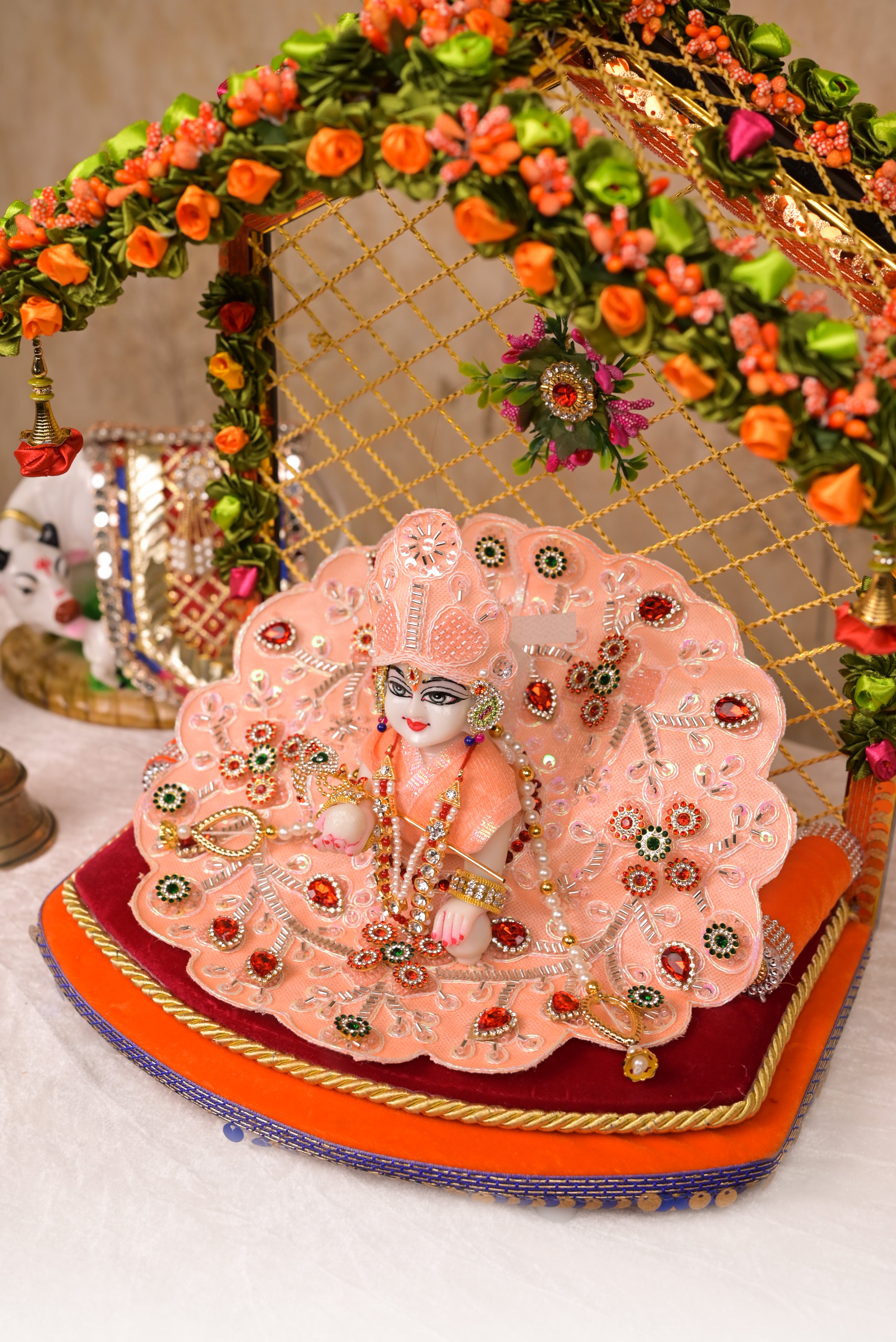 Peach Zari Embroidered Laddu Gopal Poshak