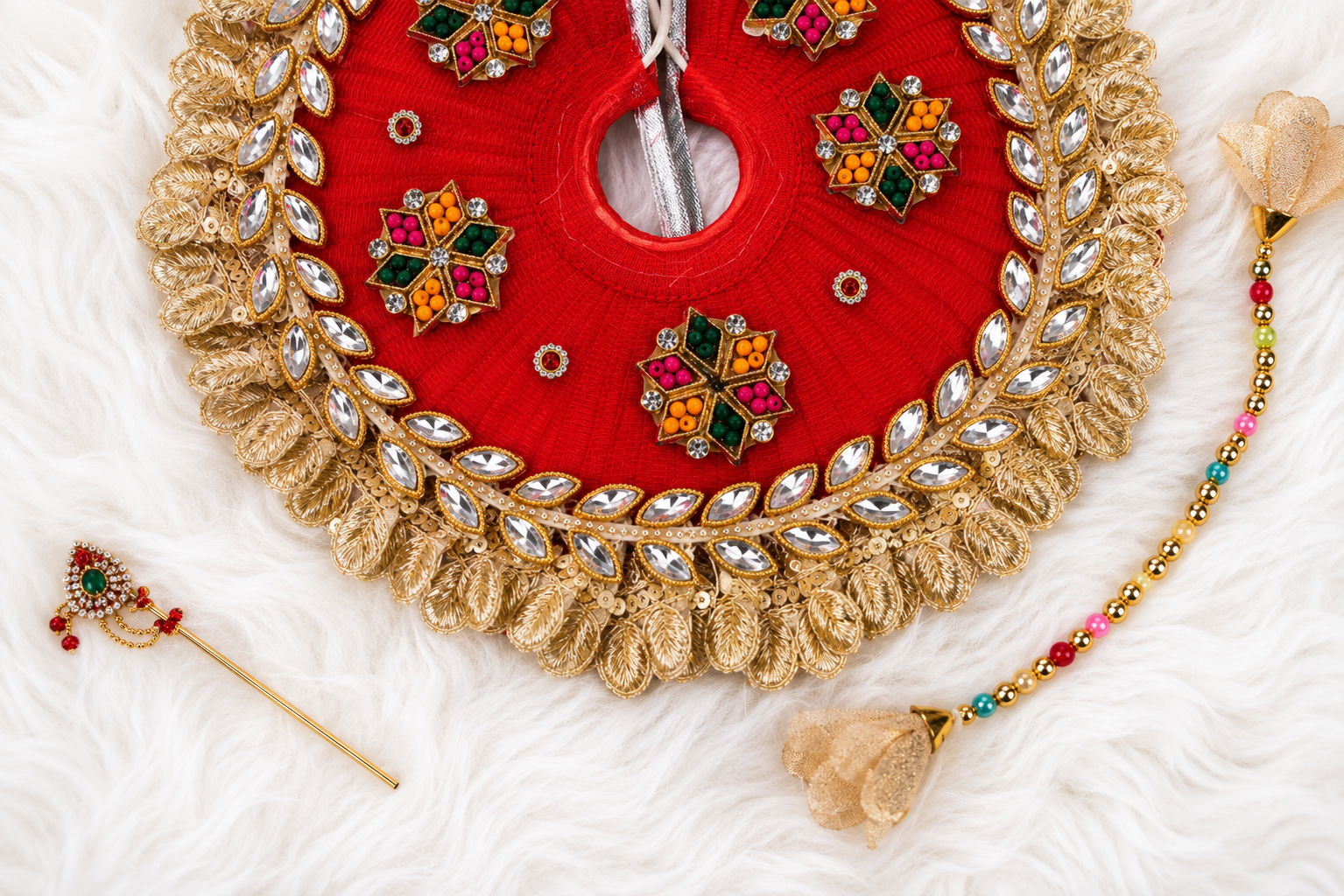 Red Kundan Net Laddu Gopal Poshak with Pearl Patka