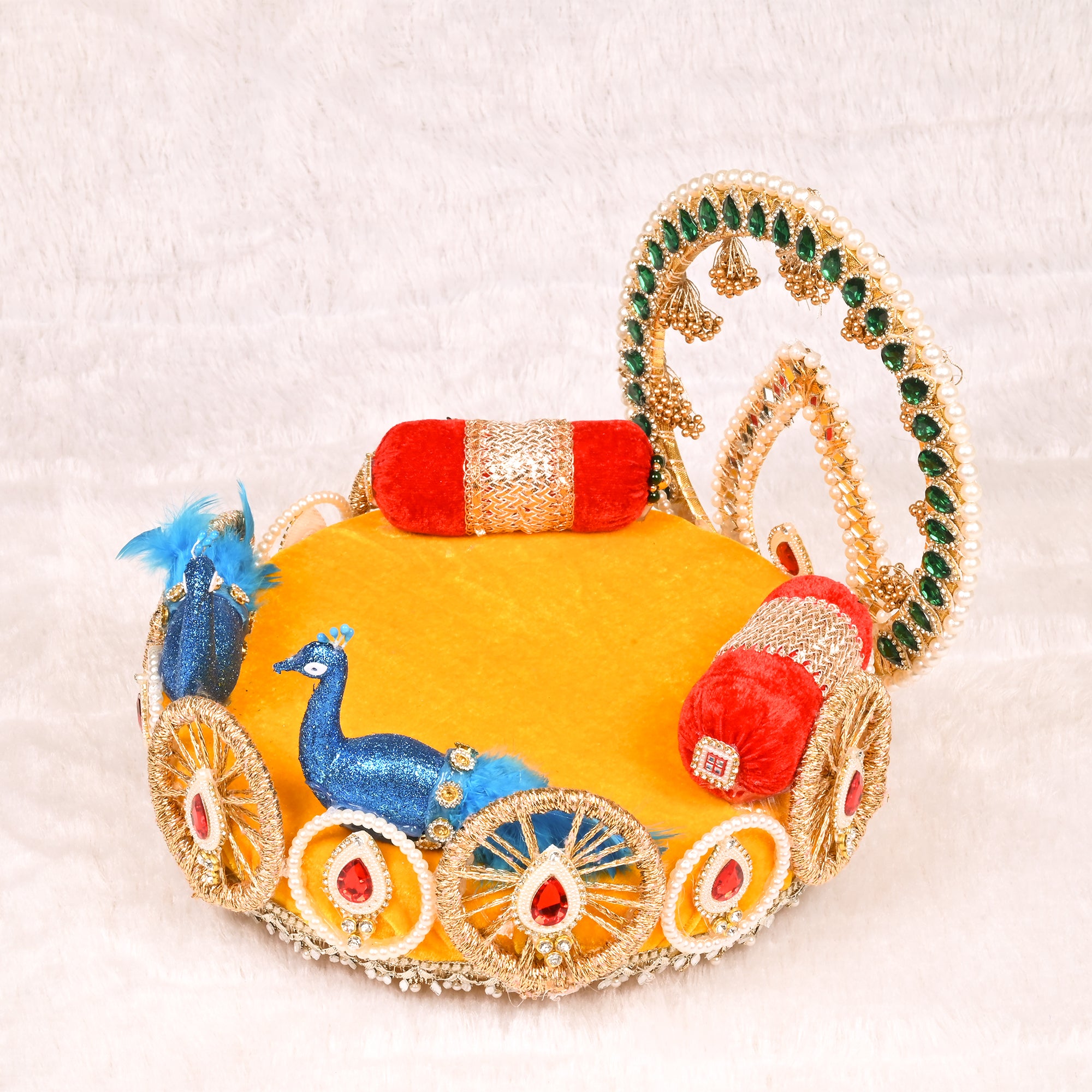 Laddu Gopal Singhasan Yellow and Peacock Design with Decorative Backrest