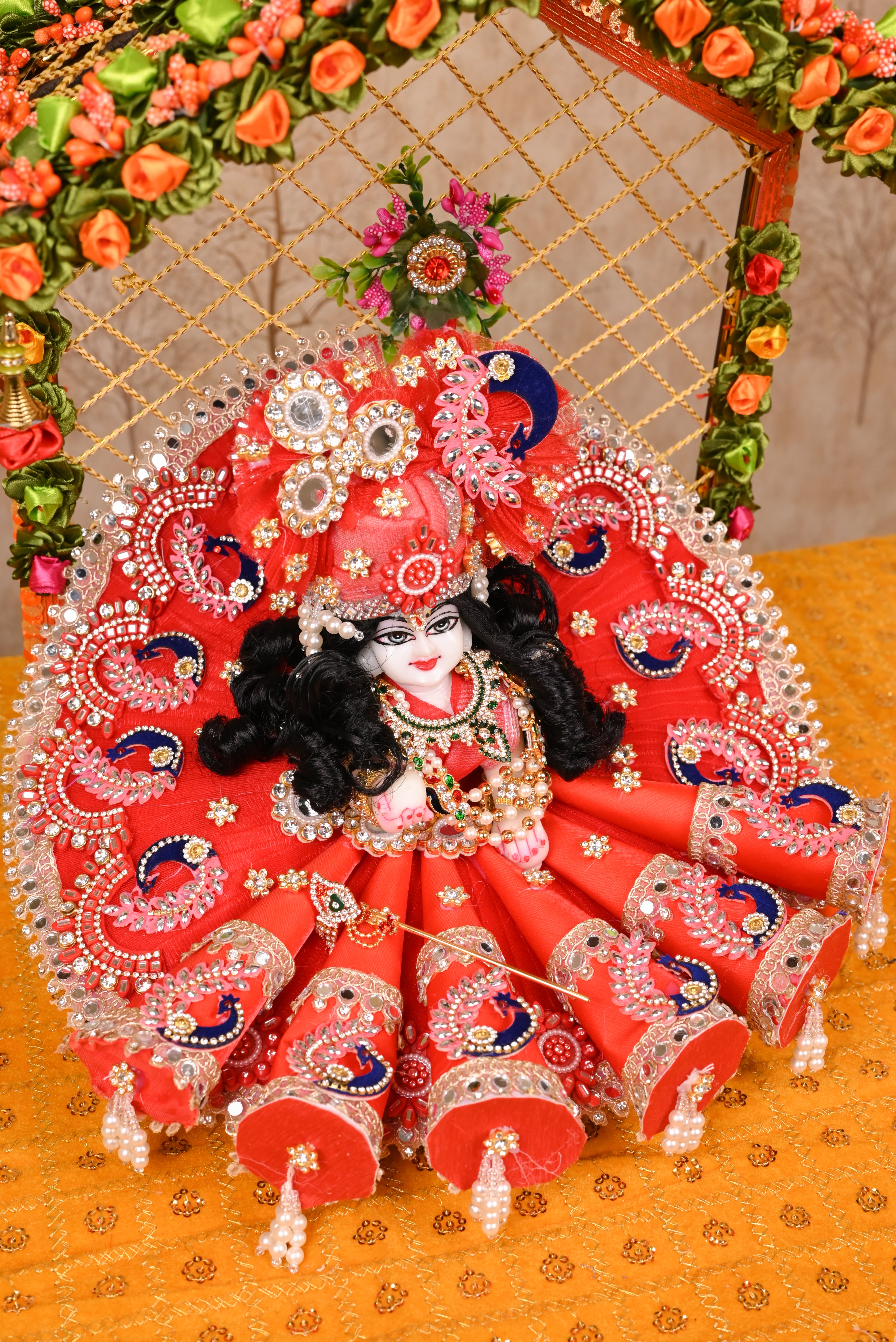 Reddish Maroon Cone Style Silk Kundan Laddu Gopal Poshak