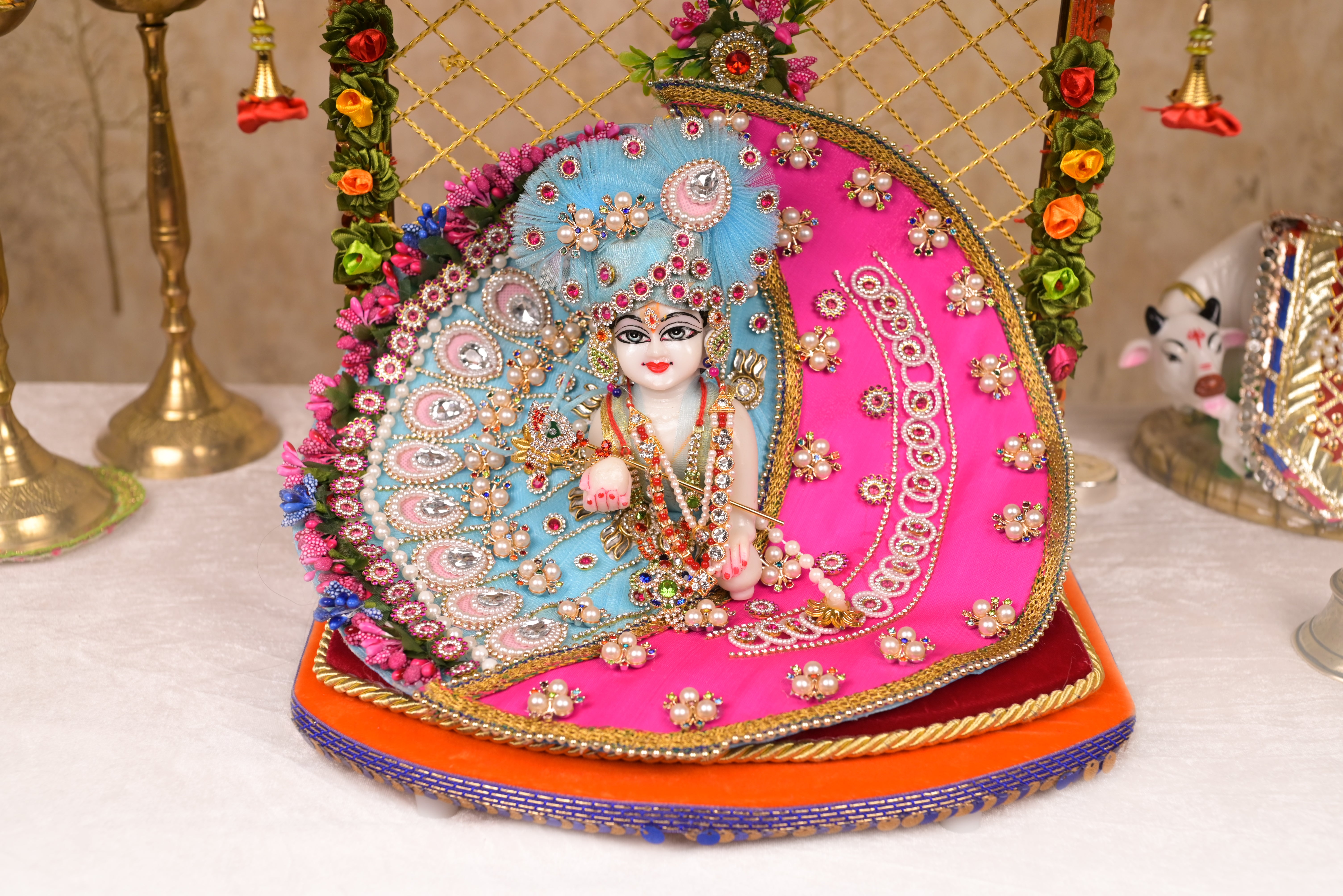 Pink & Sky Blue Moon Style Kundan Net Laddu Gopal Poshak