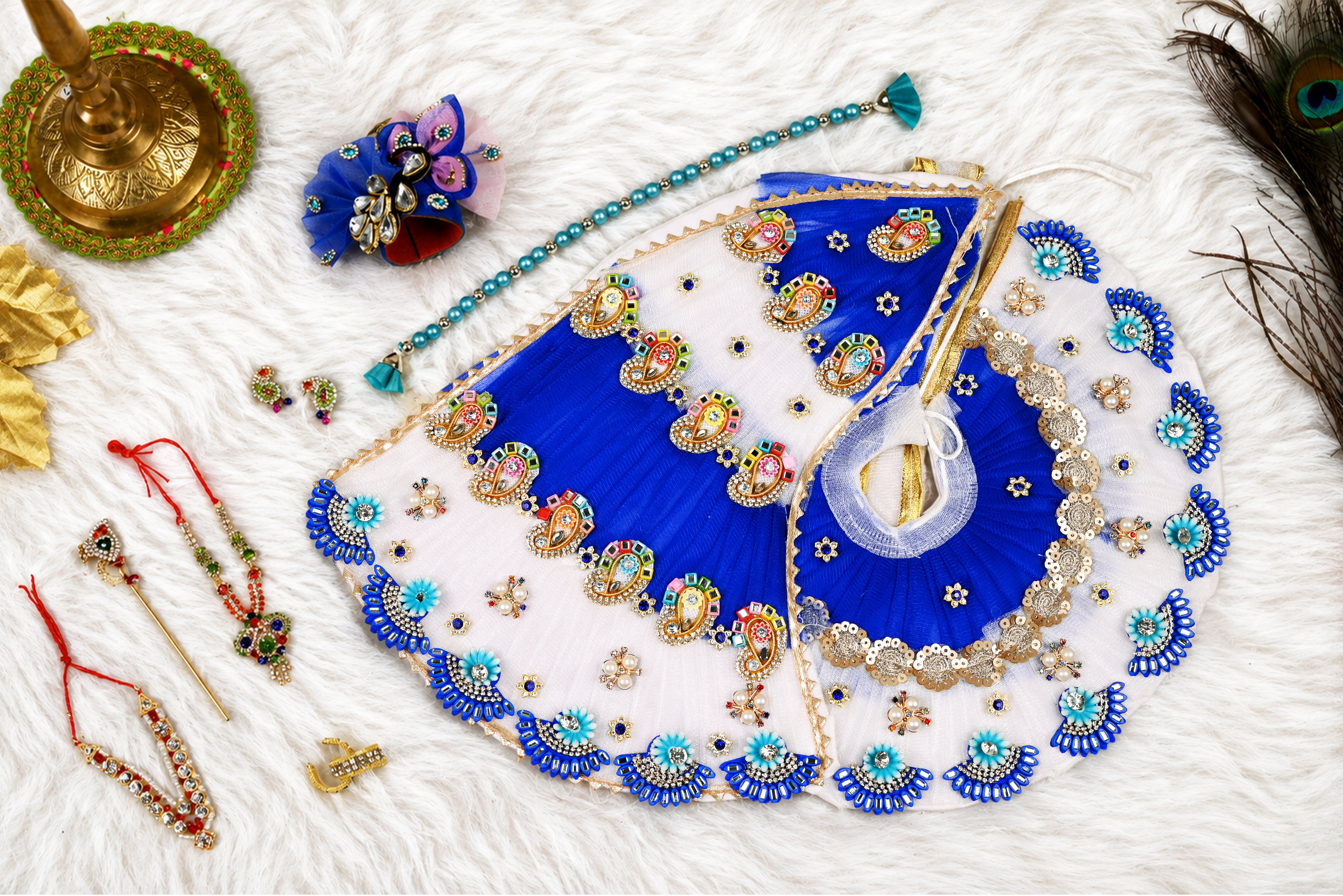 White & Blue Patka Style Kundan Net Laddu Gopal Poshak