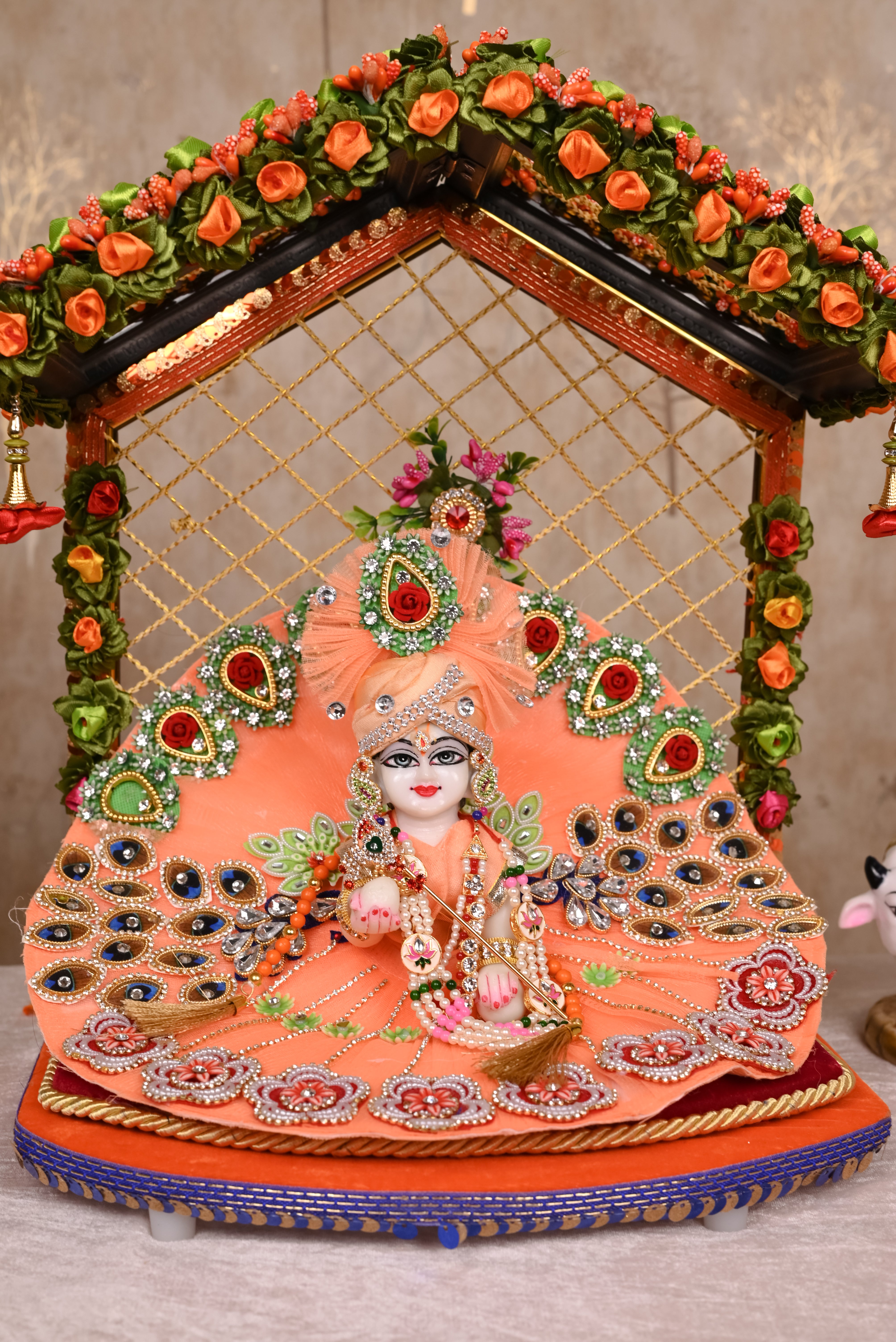 Peach Peacock Style Kundan Net Laddu Gopal Poshak