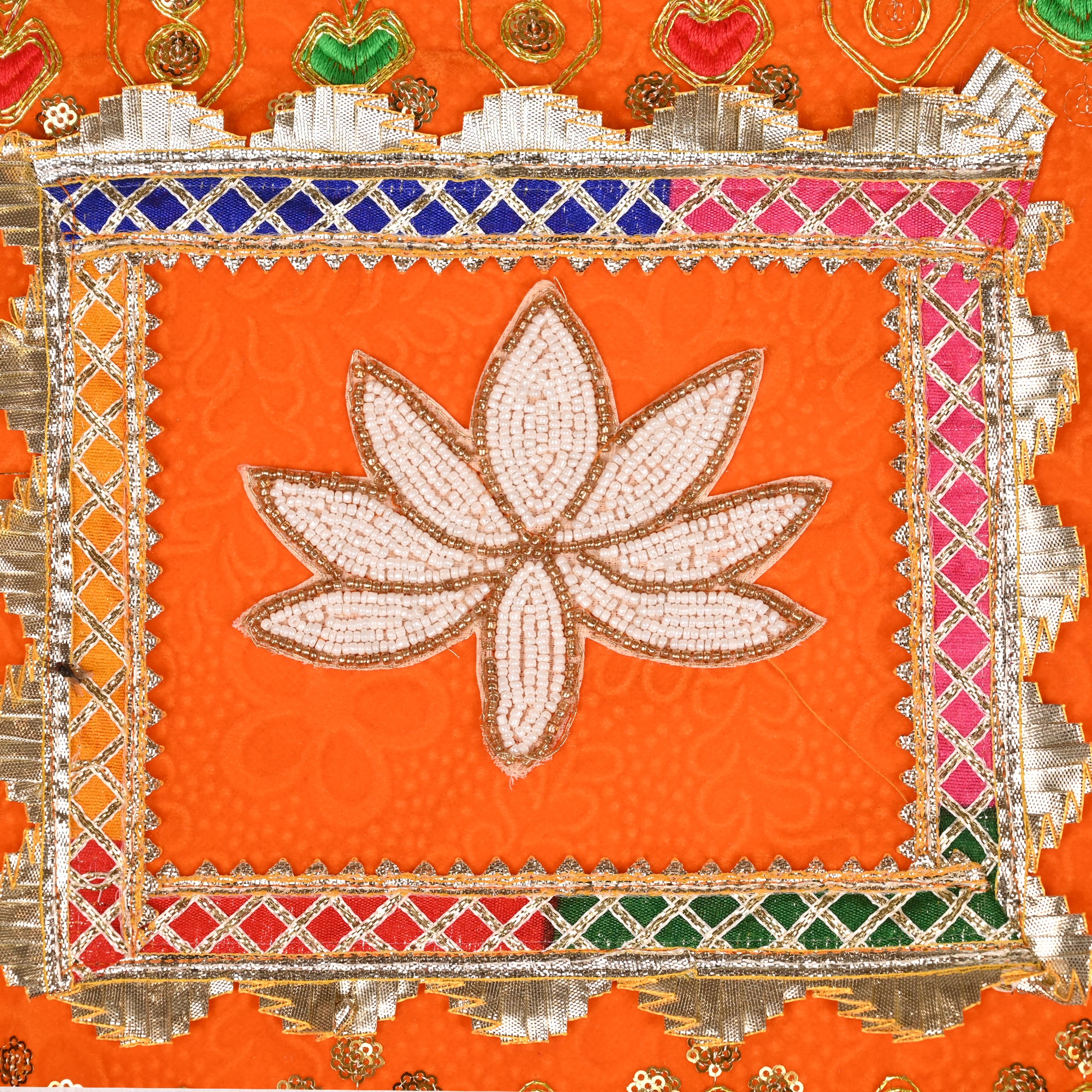 Laddu Gopal Decorative Seating Mat Orange Embroidered Design
