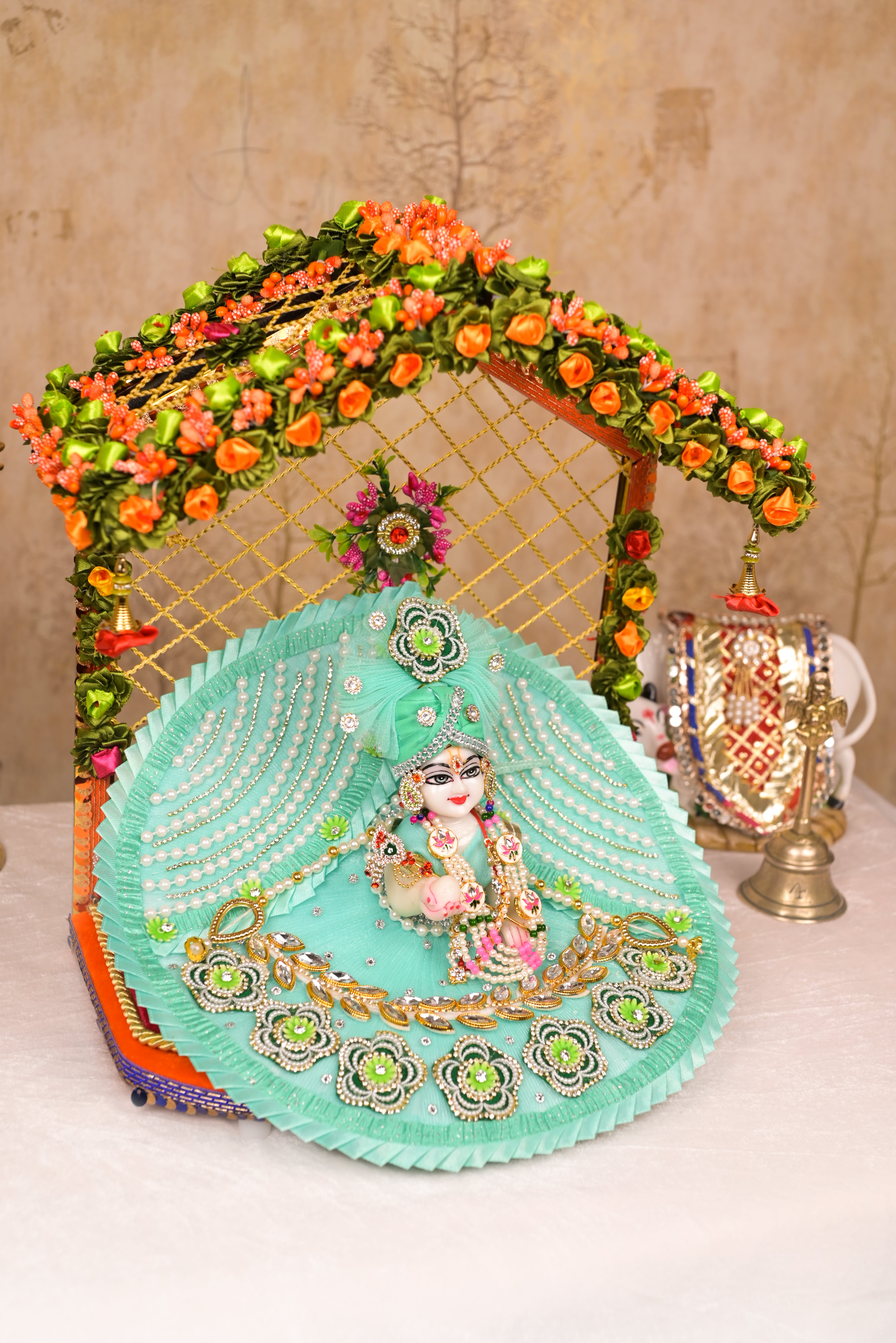 Sea Green Kundan Net Laddu Gopal Poshak