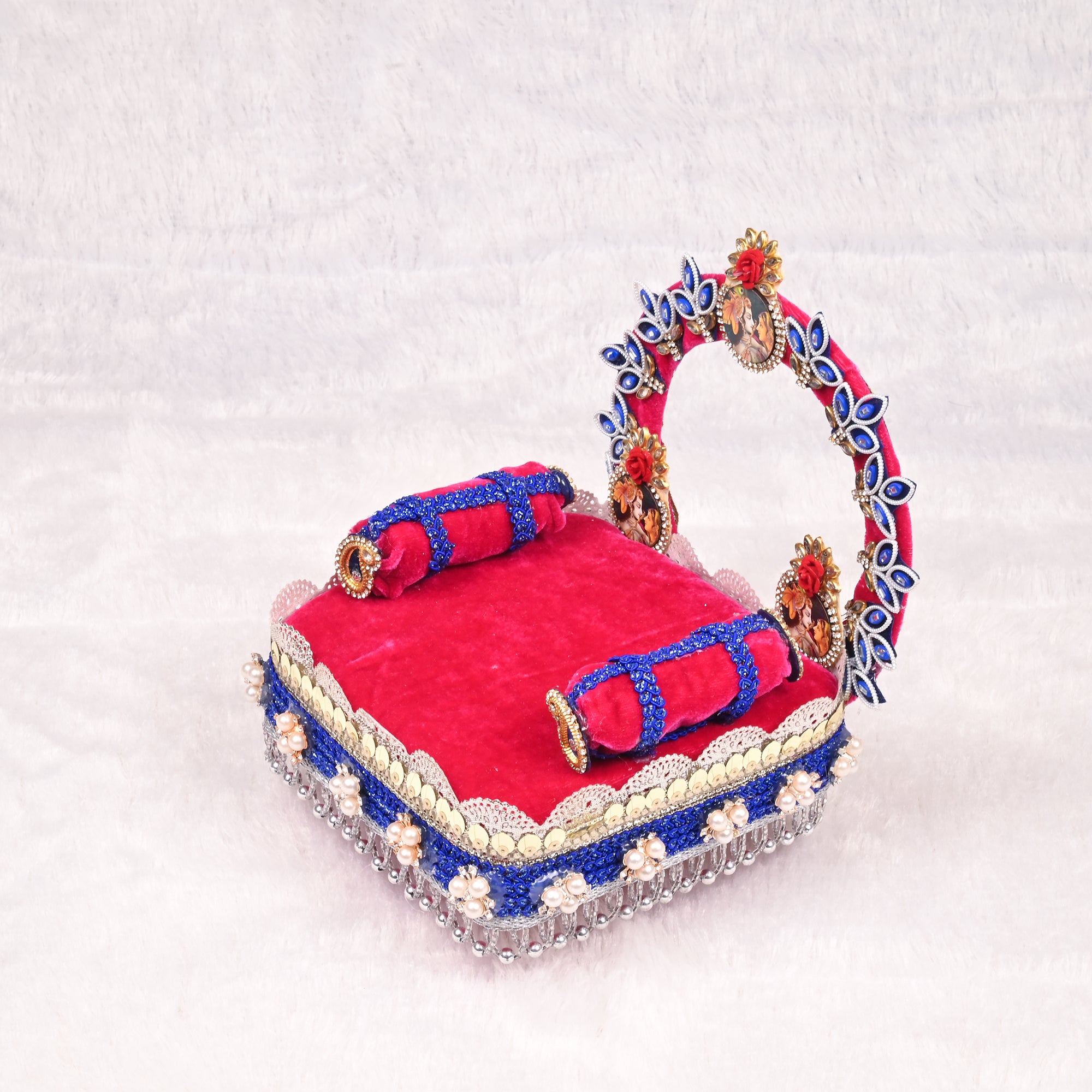 Laddu Gopal Singhasan Red and Blue Velvet Design with Radha Krishna Arch