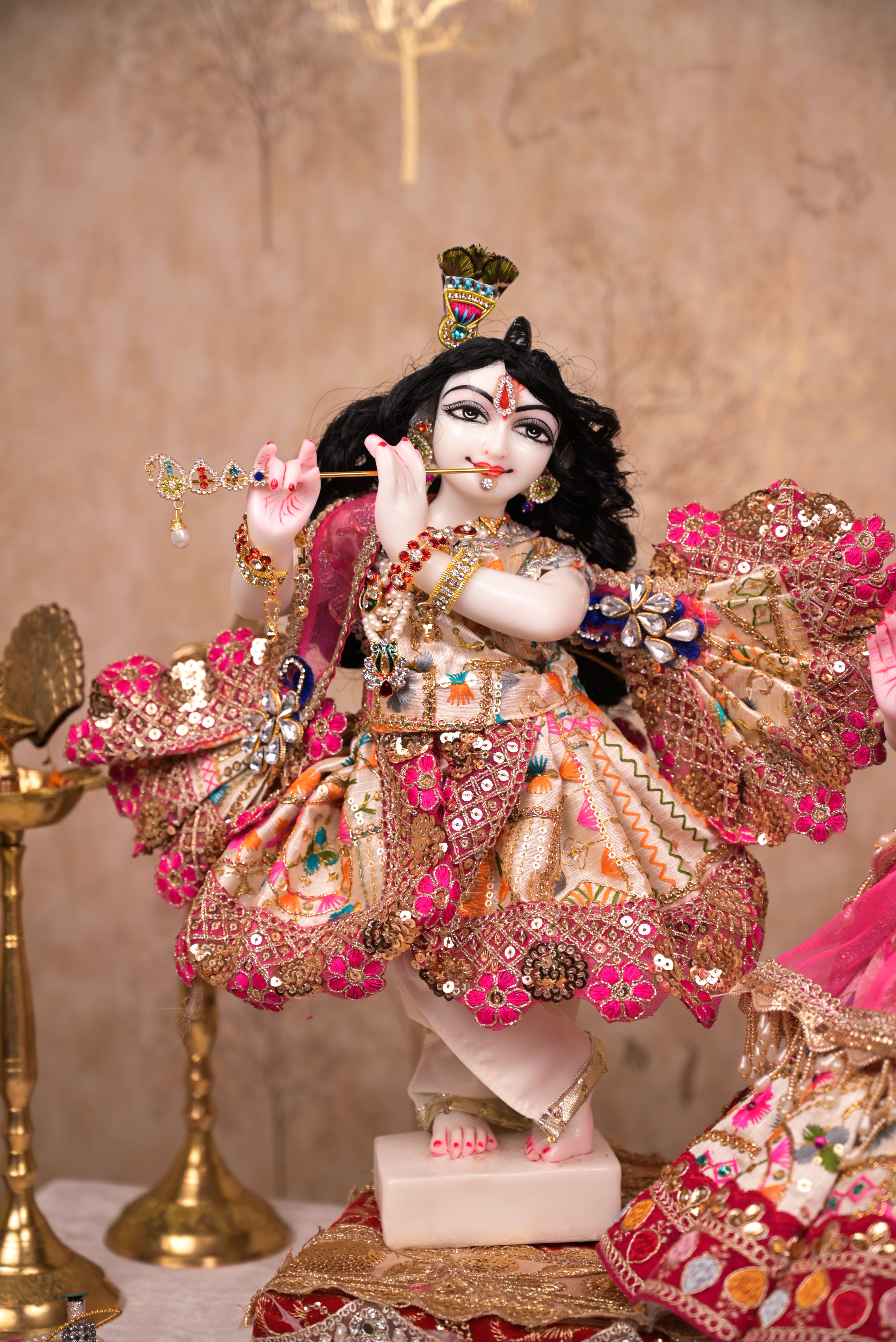 Radha Krishna Poshak | Light Golden & Pink Silk