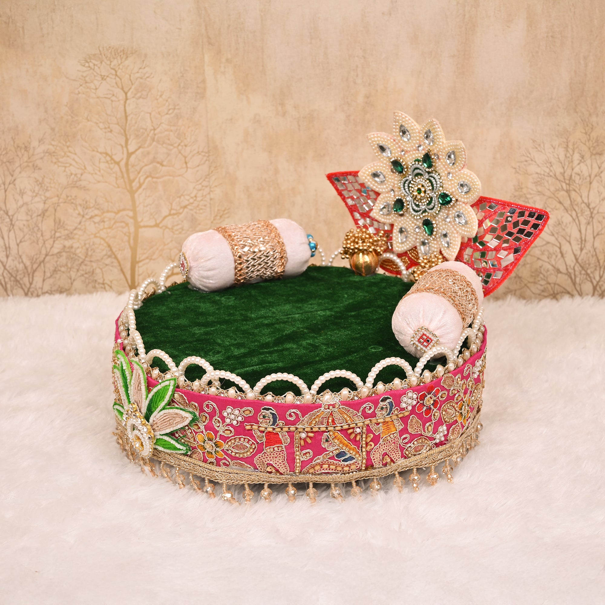 Laddu Gopal Singhasan Green and Pink Floral Design with Embellished Backrest