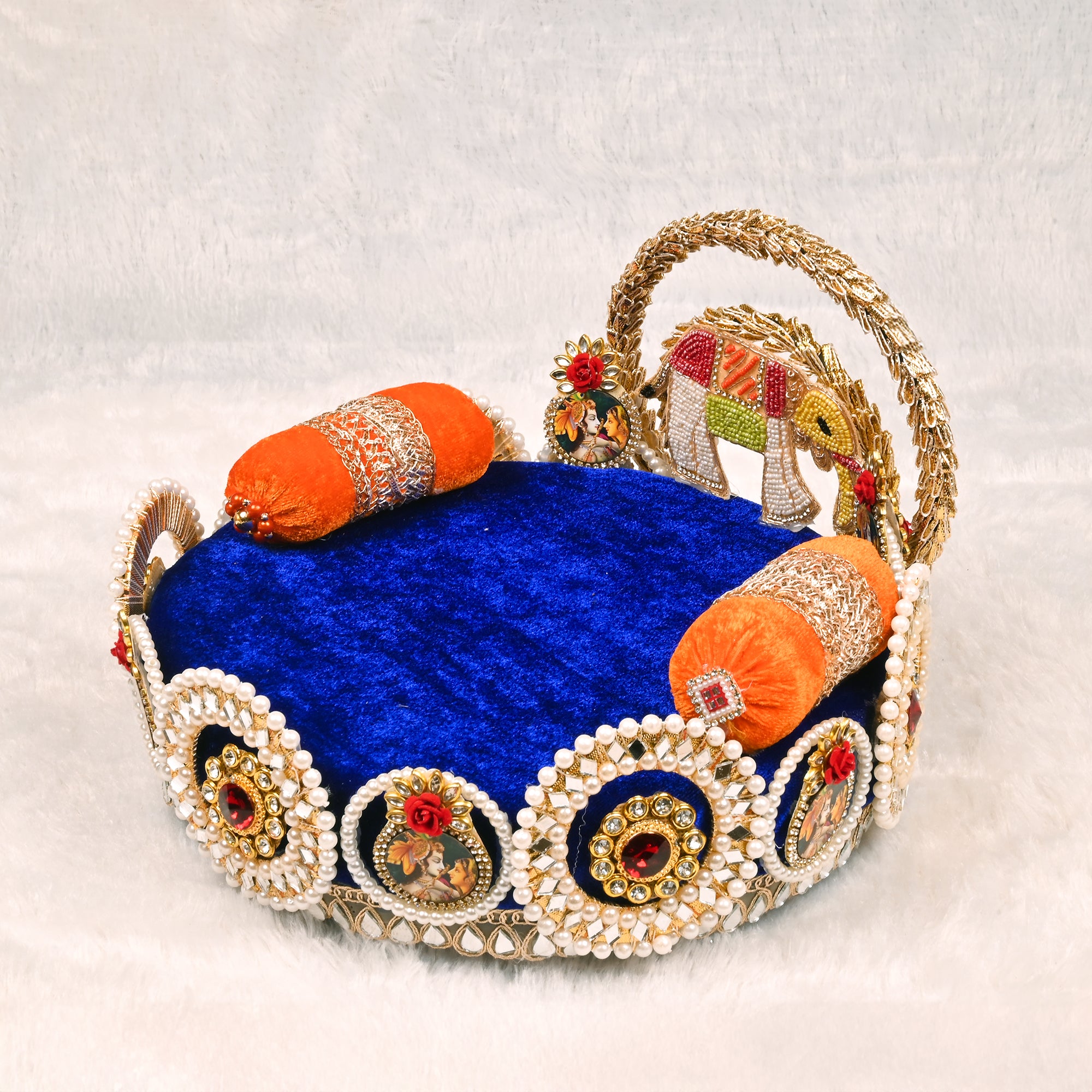 Laddu Gopal Singhasan Blue and Orange Elephant Design with Decorative Arch