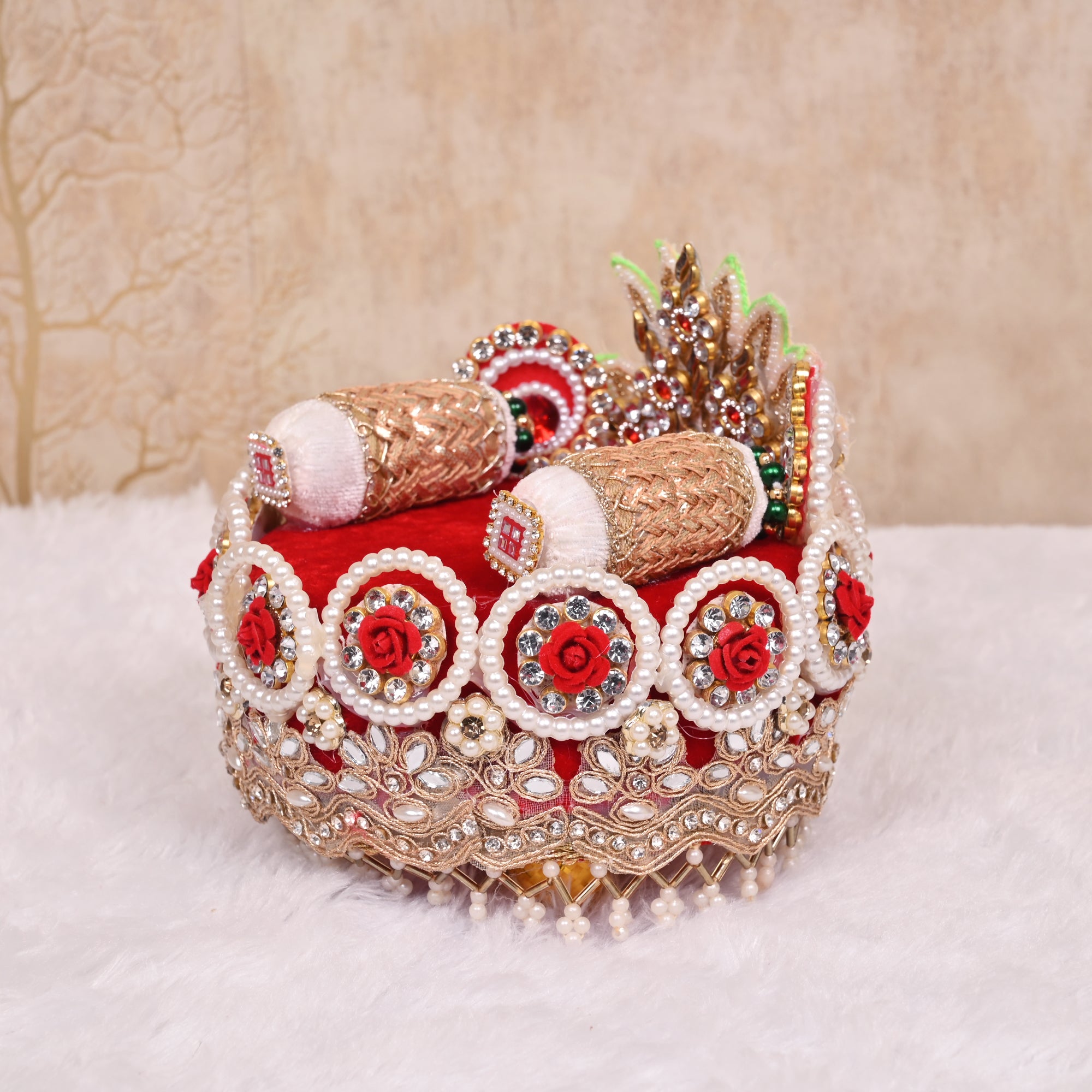 Laddu Gopal Singhasan Red and White Decorative Throne with Ornamental Backrest