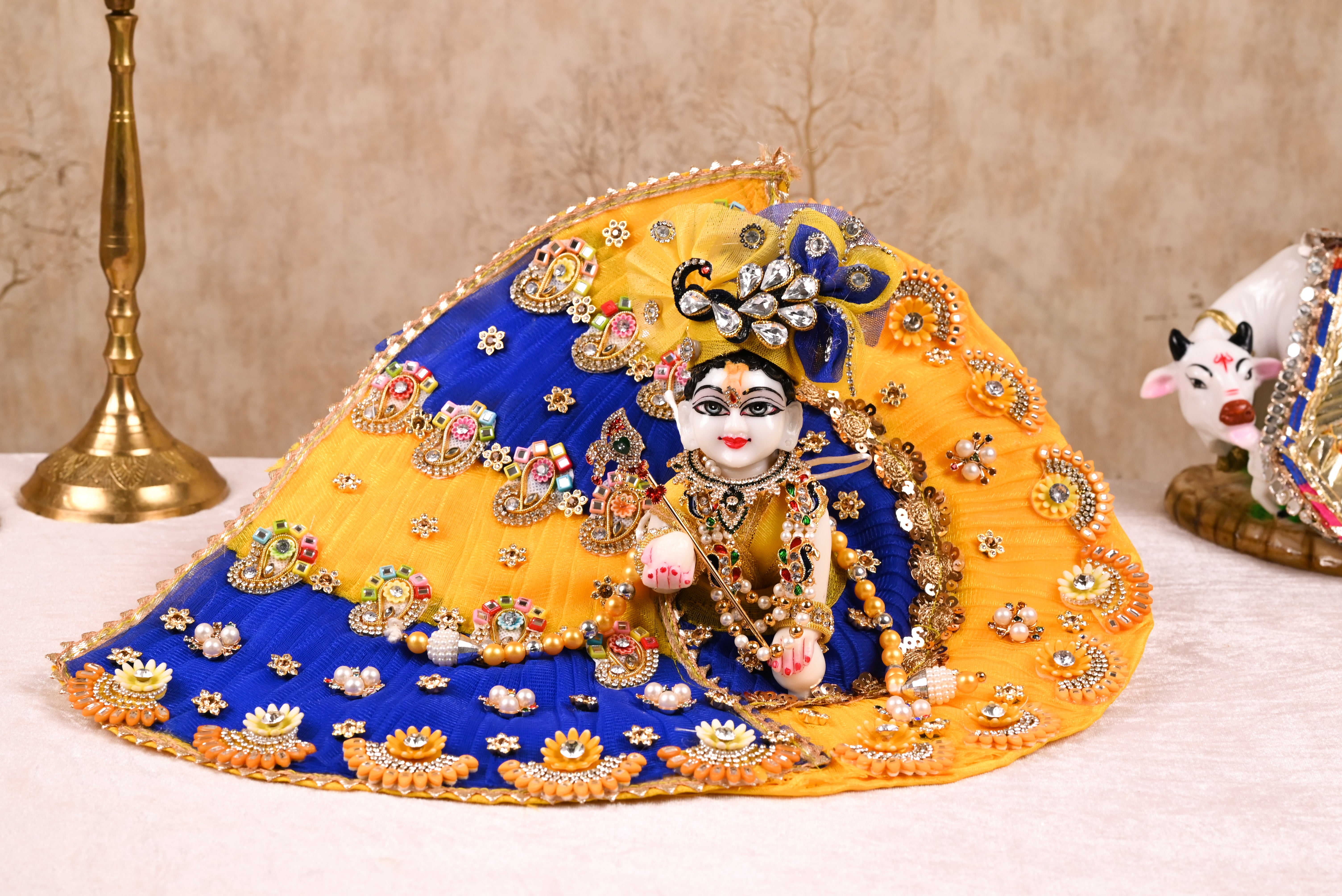 Yellow & Blue Patka Style Kundan Net Laddu Gopal Poshak