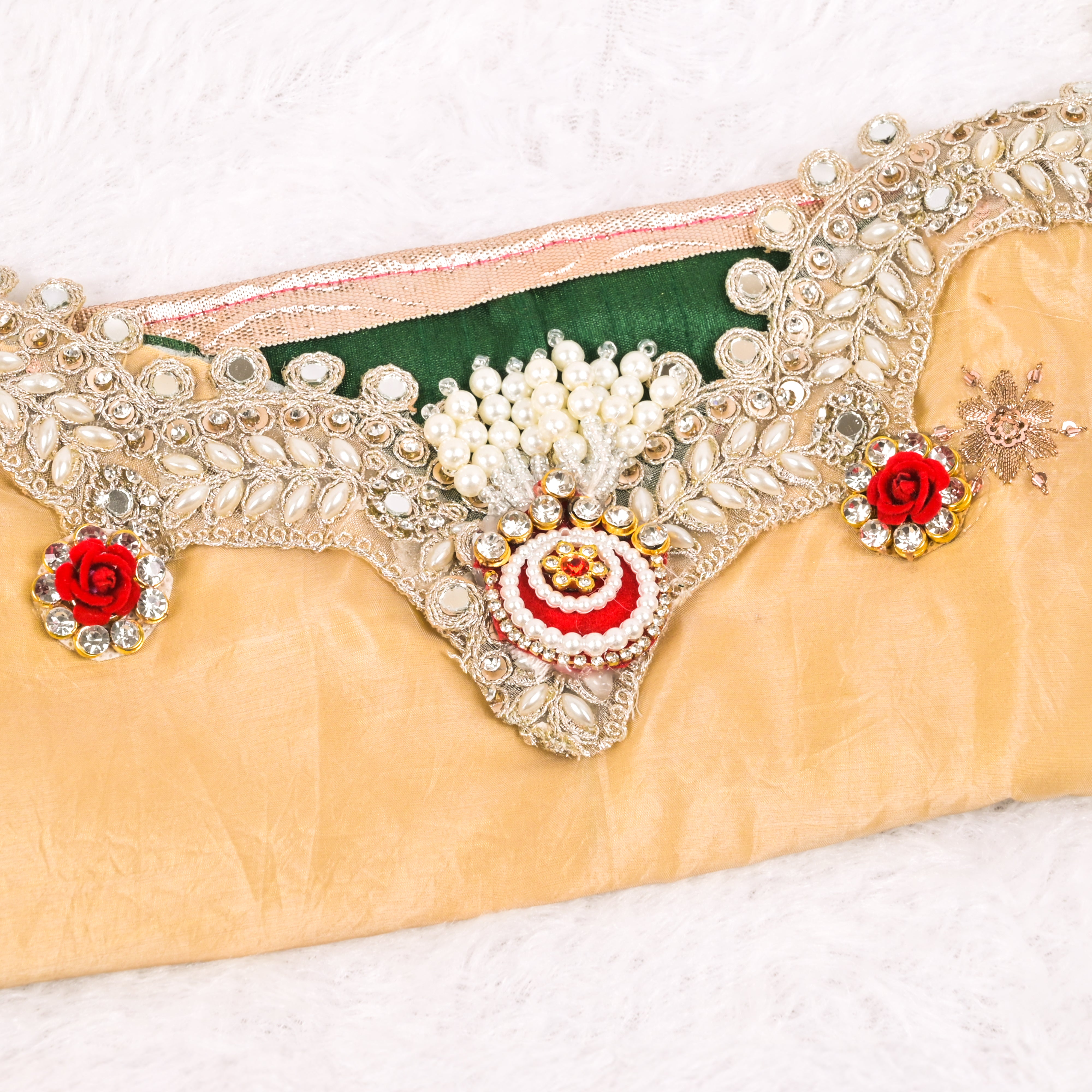 Pearl Beaded Embroidered Pothi Cover with Mirror & Rose Work